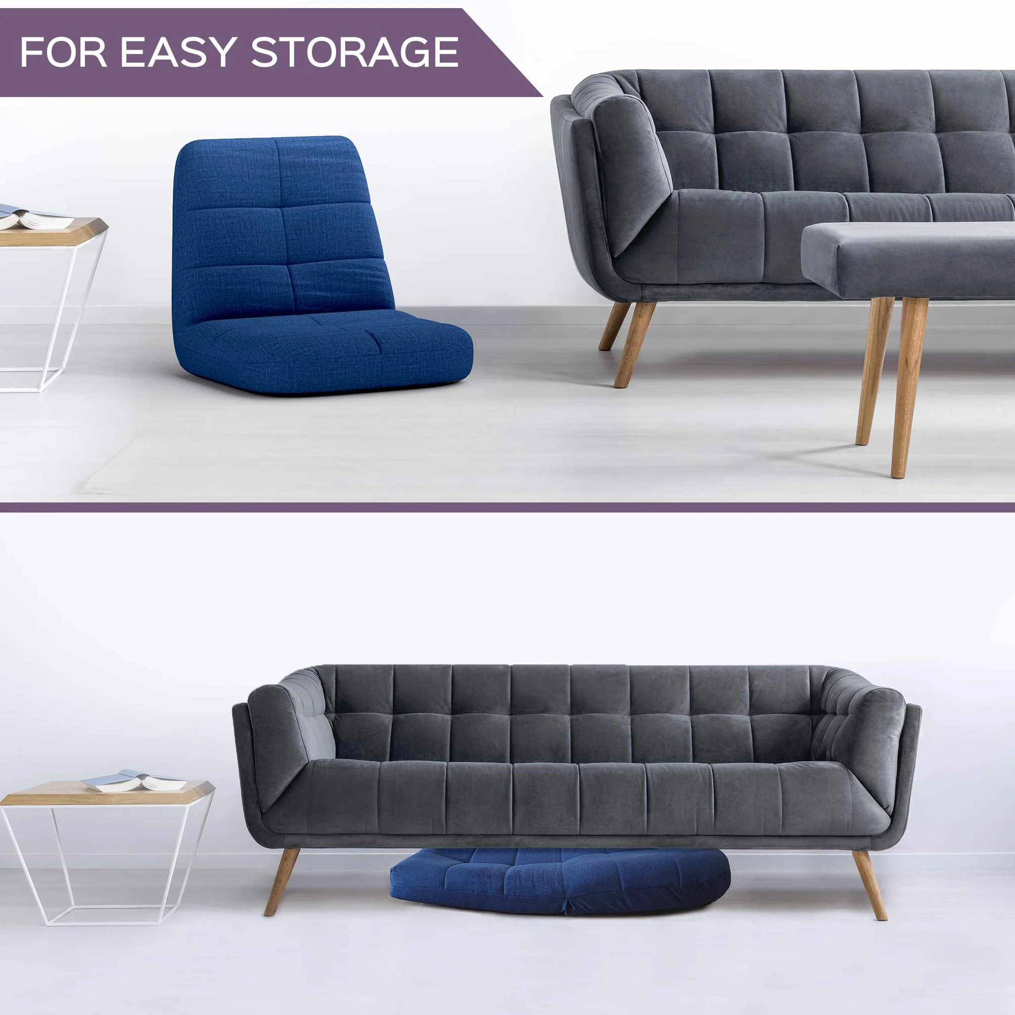 bonVIVO Easy Lounge Silla Suelo Plegable Reclinable 5 Posiciones Azul Gris