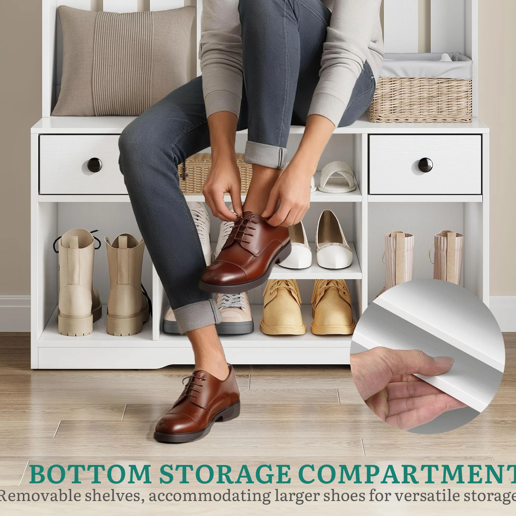YITAHOME Perchero Entrada Recibidor con Banco, 35 x 100 x 180 cm Zapatero Entrada Recibidor, Perchero Zapatero, con 9 Ganchos y Almacenamiento, 2 Cajón de Tela, Pasillo Dormitorio Salón, Blanco
