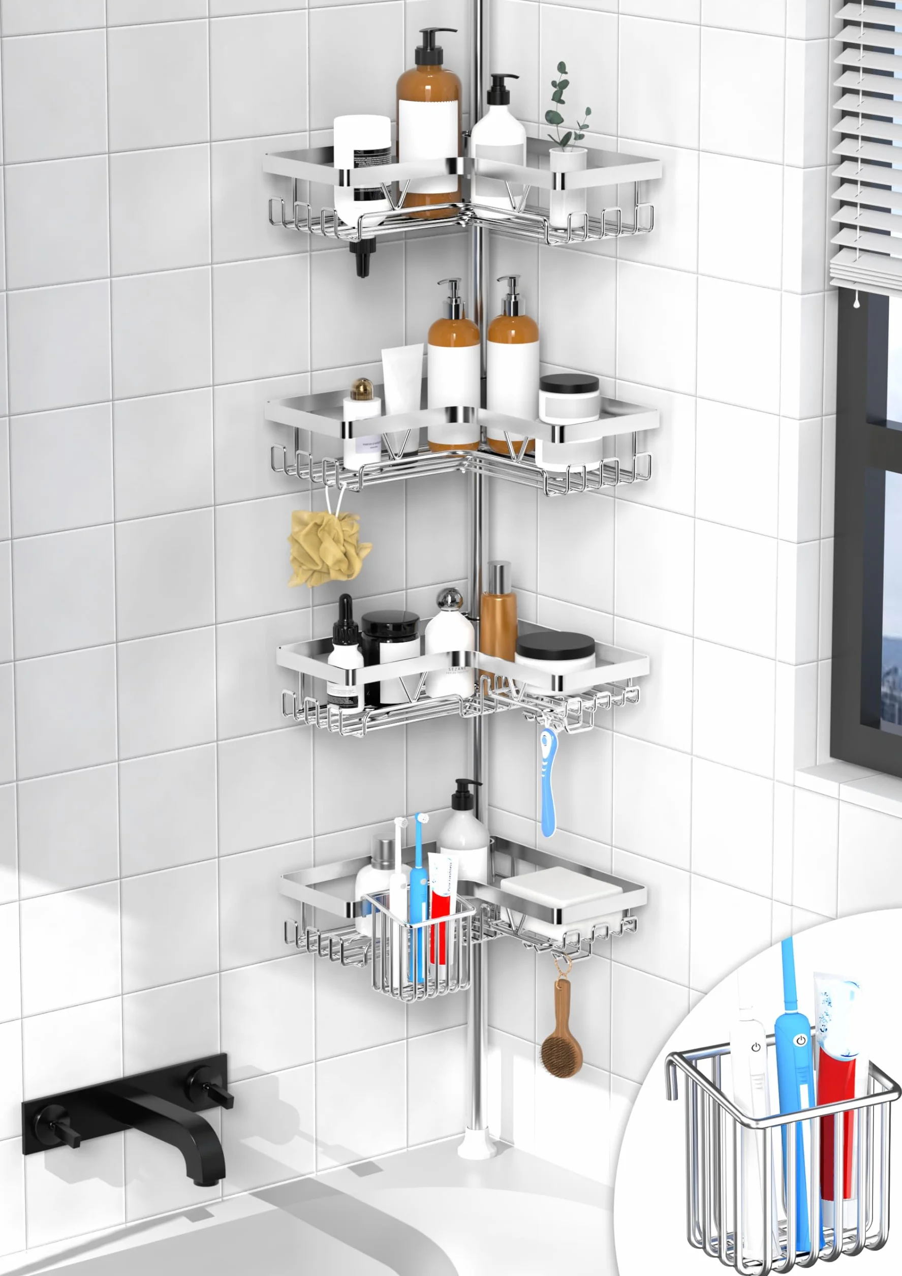 KEGII Estanteria Baño - Estanteria Telescopica Baño con 4 Estante Ducha, Soporte para Cepillos de Dientes, Ajustable 63.5-290 cm para Esquina o Bañera, Plata