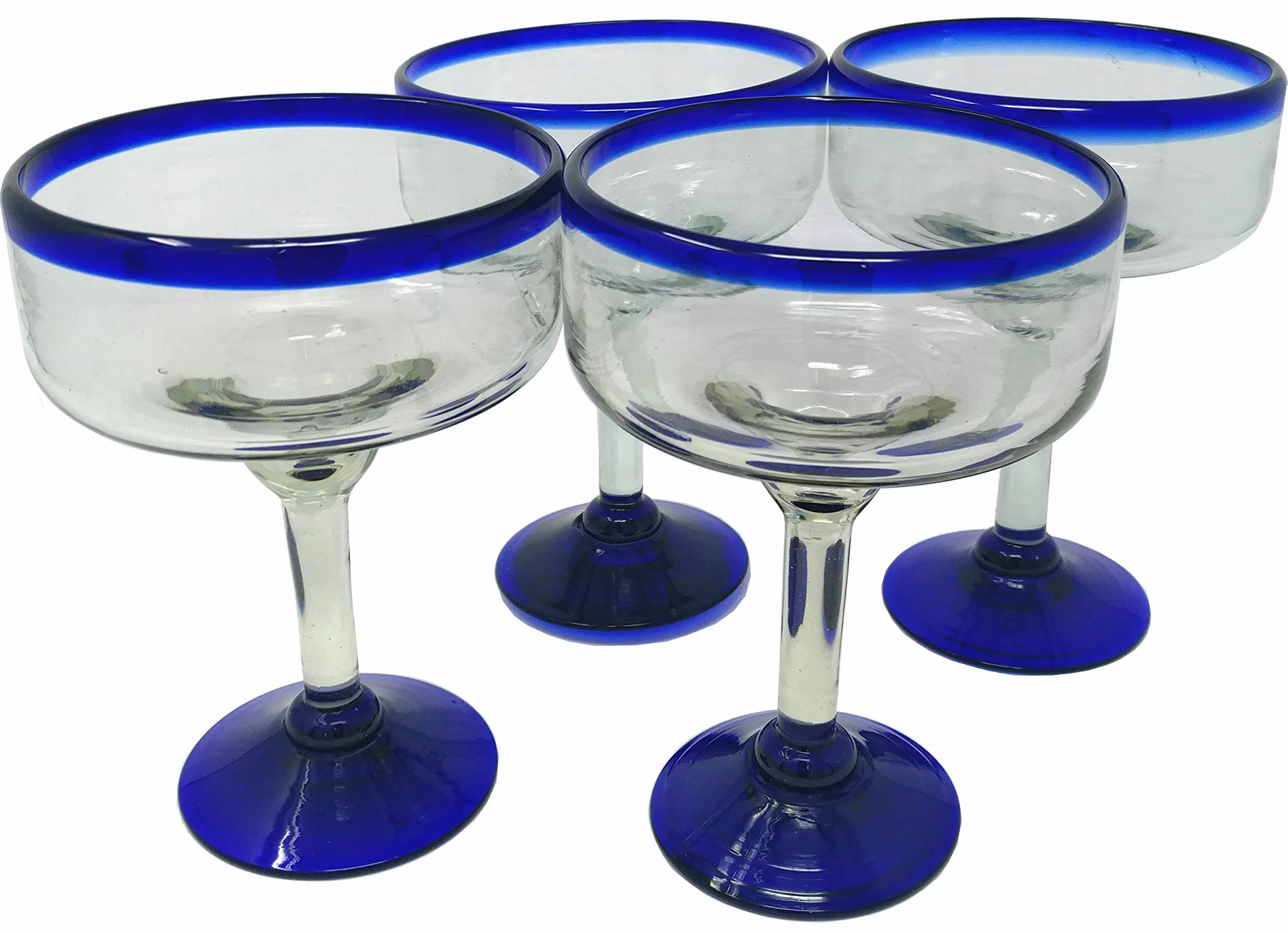 Juego de 4 vasos de margarita mexicanos soplados a mano de vidrio soplado a mano borde azul cobalto 473 ml