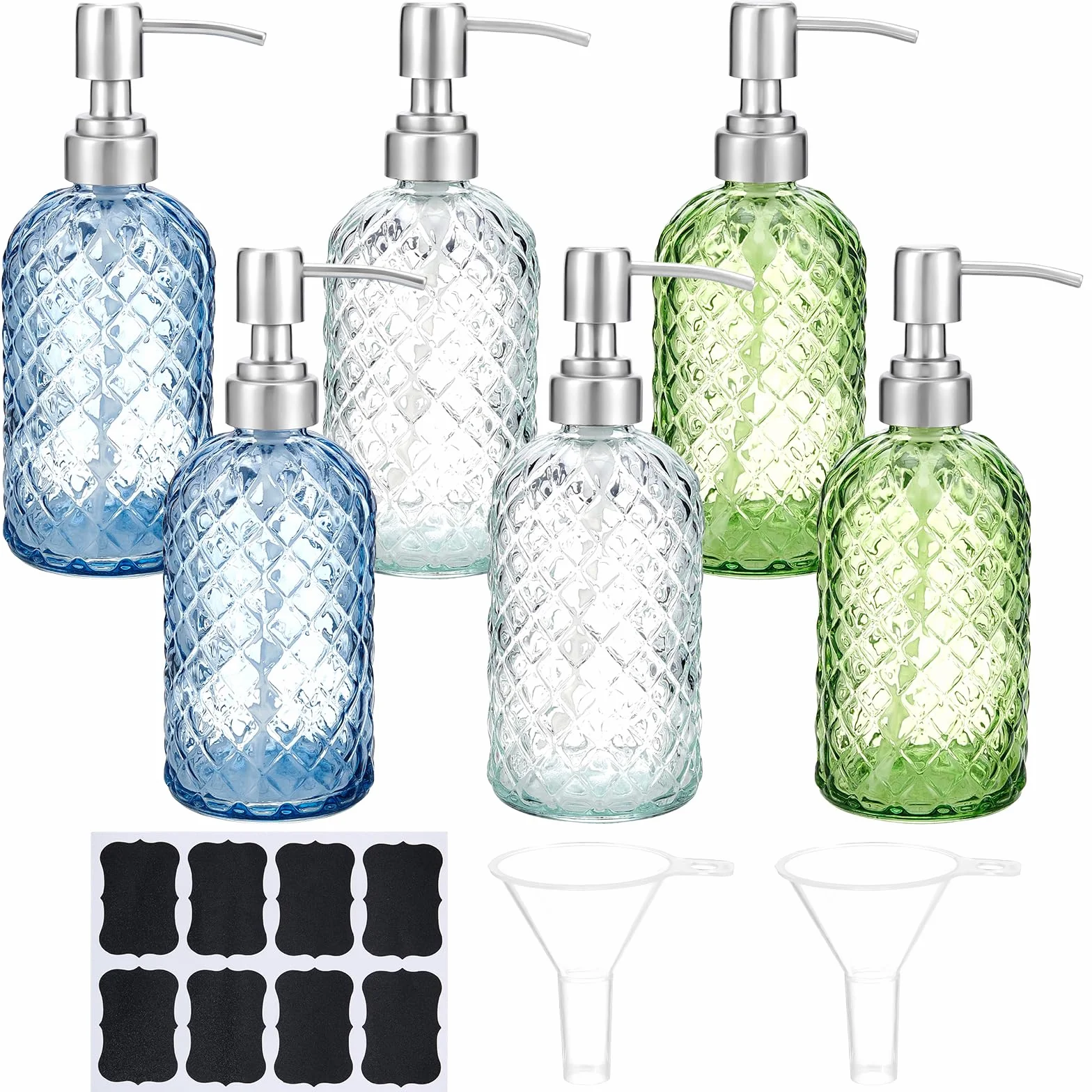 6 unidades 500 ml dispensador de jabón de vidrio con patrón de diamante rellenable dispensador de jabón de vidrio con bomba de acero inoxidable para lociones líquidas adecuado para cocina y