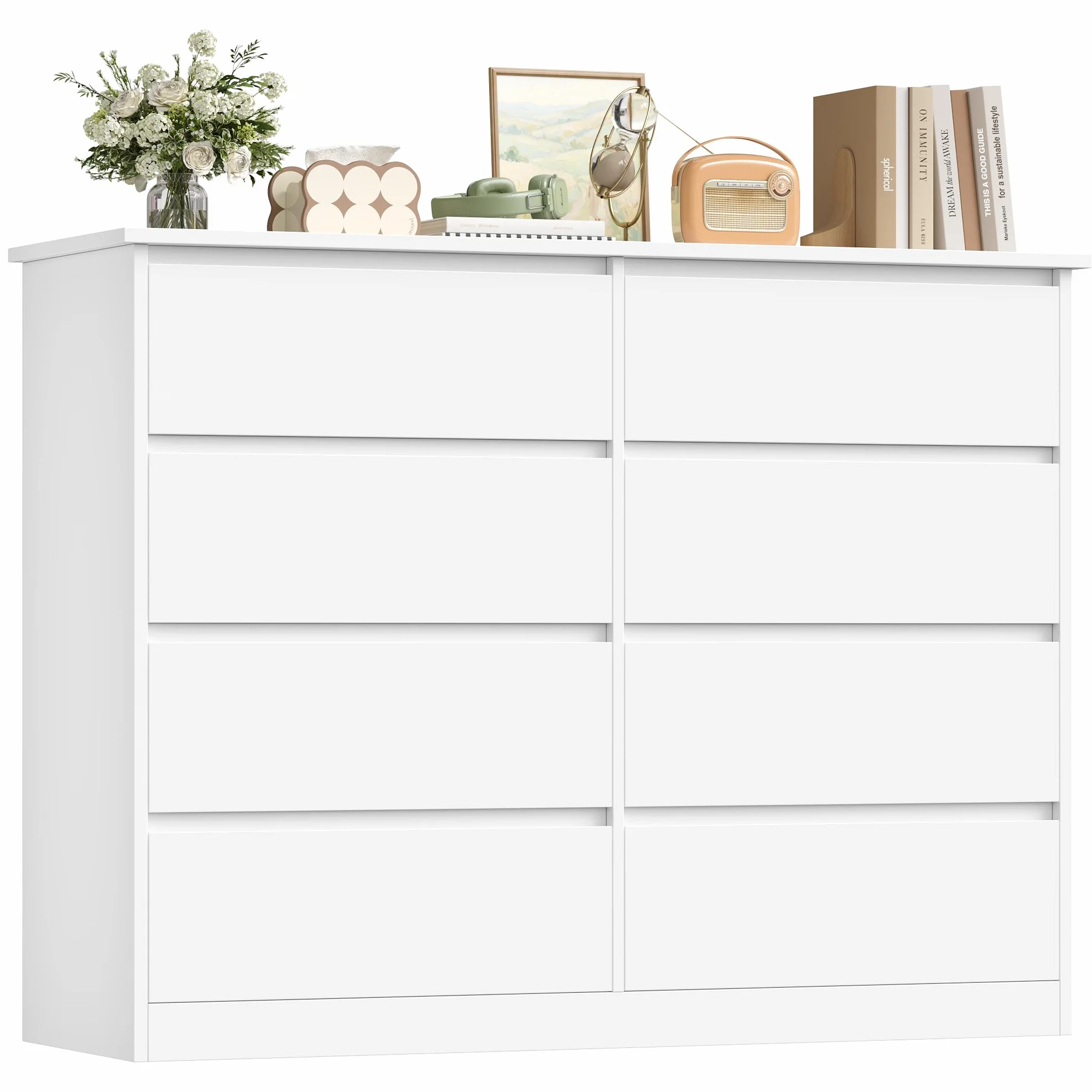 FOREHILL Comoda Dormitorio 8 Cajones 120 cm Cajonera Armario Interior Sinfonier Cómodas y Cajoneras Dormitorio Armario de Almacenamiento para el Salón Cómoda Moderna Blanco 120x39,5x96 cm