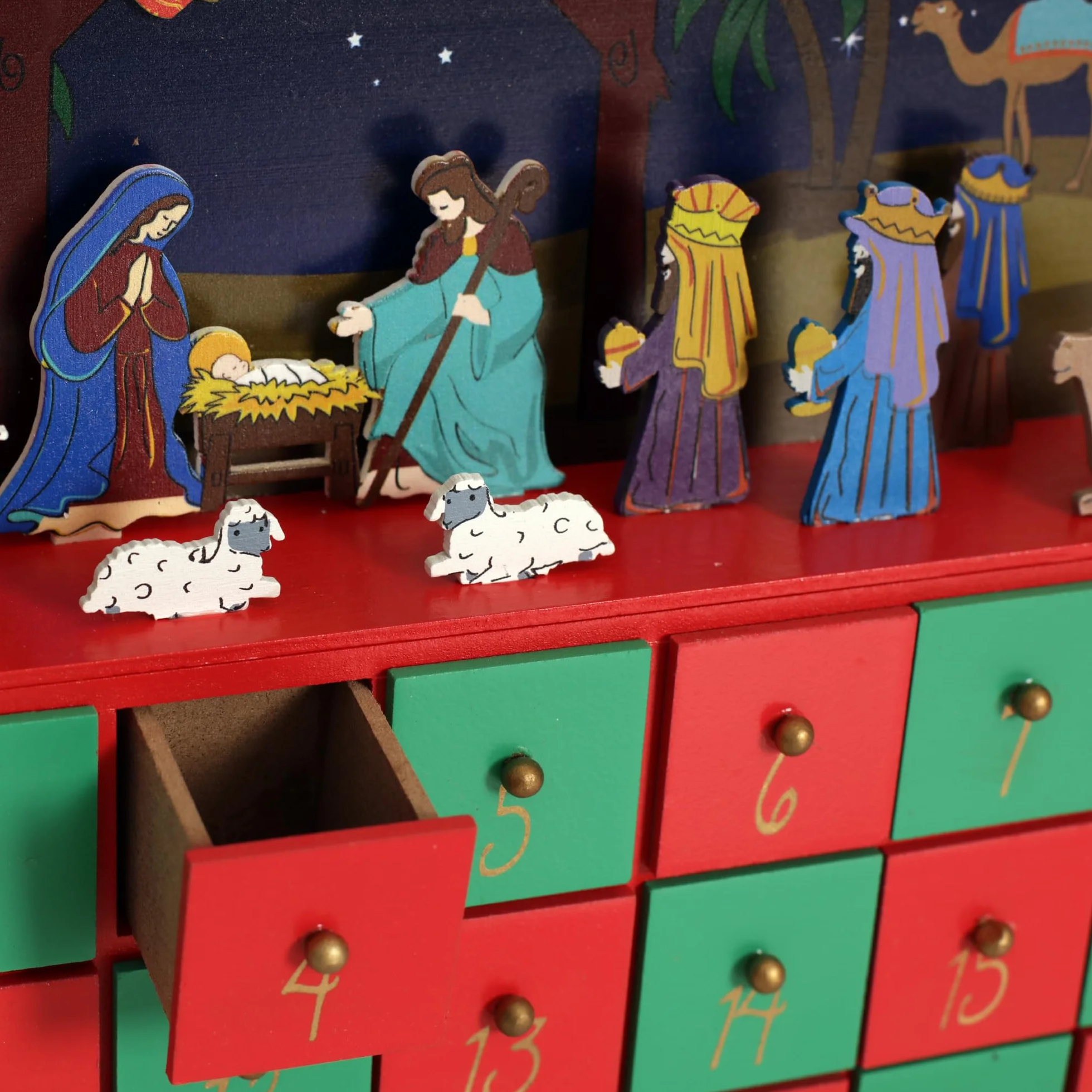 PE Caja de calendario de Adviento de madera de Navidad, belén, decoración de mesa, cuenta regresiva, regalos de vacaciones, decoración del hogar para adultos y niños