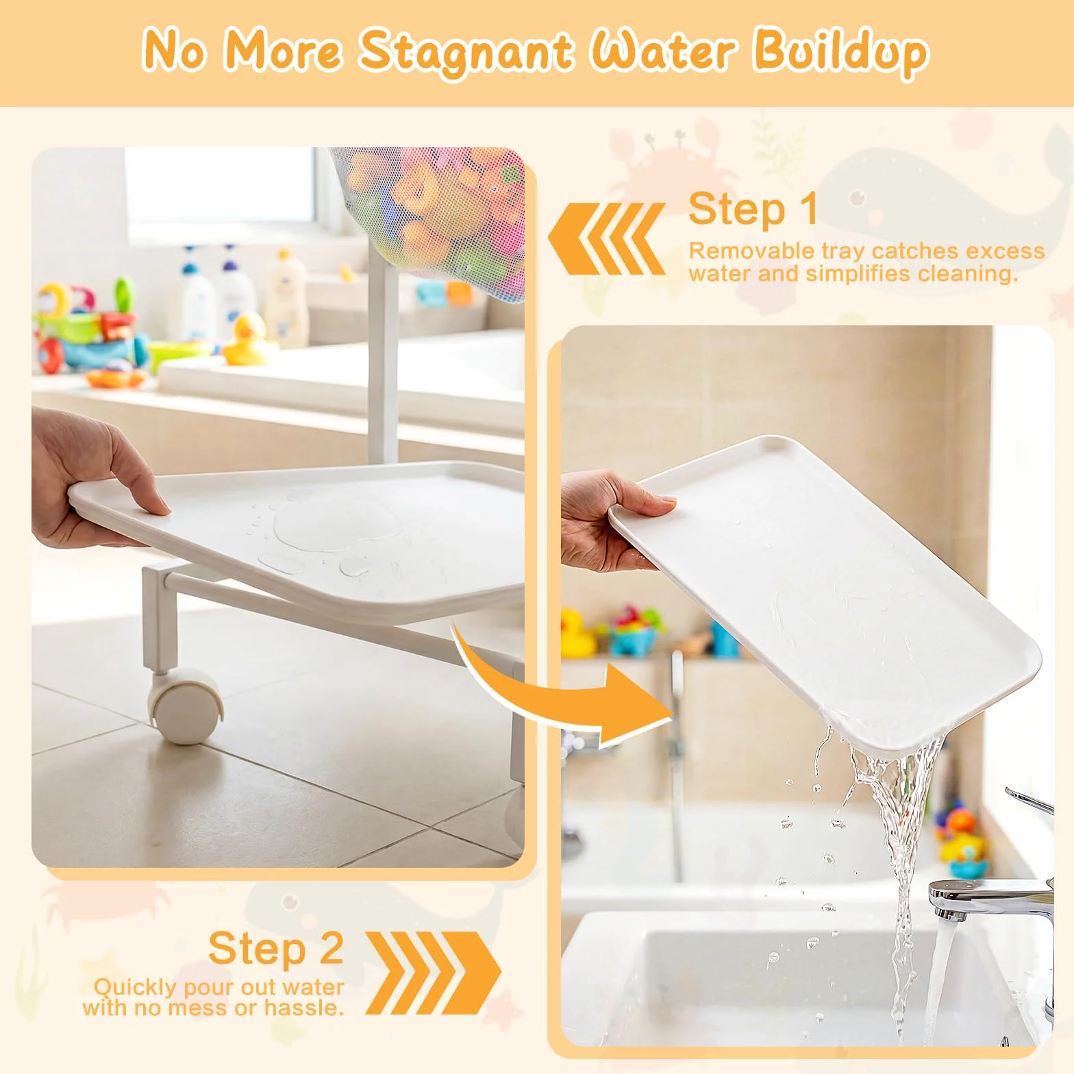 Organizador Juguetes de Baño - Carrito para Juguetes de Bañera con Ruedas | Carrito de almacenamiento para juguetes de baño de bebé, con 2 redes de secado rápido y estantes de ducha portátiles.
