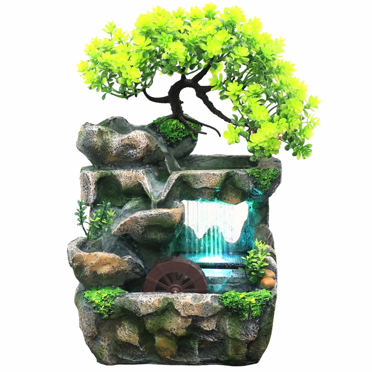 Fuentes de mesa para interiores, cascada de mesa con luces, pequeña fuente de agua de rocalla artificial para decoración de mesa (USB)