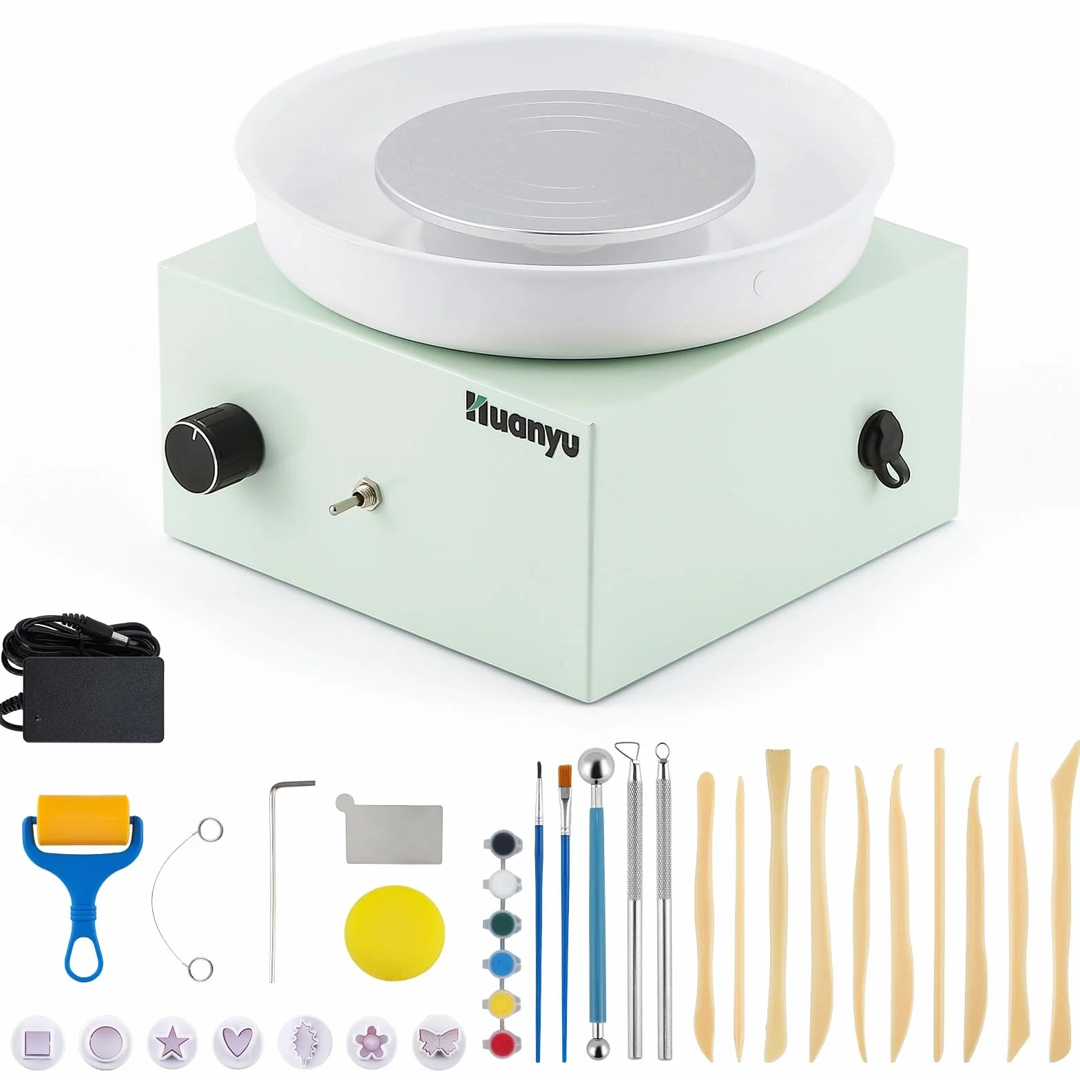 Huanyu Volante de Alfarería 10cm Mini Volante de Alfarería Eléctrico 0-2000RPM Velocidad Ajustable Volante de Alfarería Cerámica con 27pcs Kit de Herramientas de Alfarería (Verde)