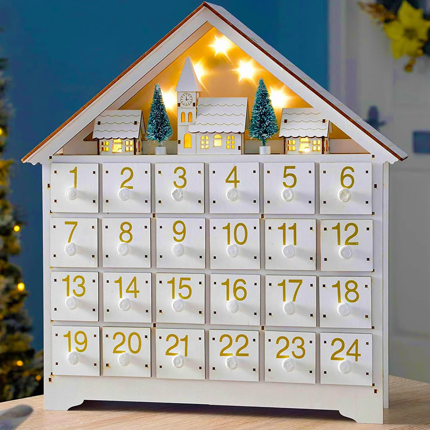 Calendario de Adviento de madera con 24 cajones y luces LED - Calendario de cuenta regresiva de Navidad vacío y reutilizable para llenar usted mismo (sin batería) - Adviento de bricolaje