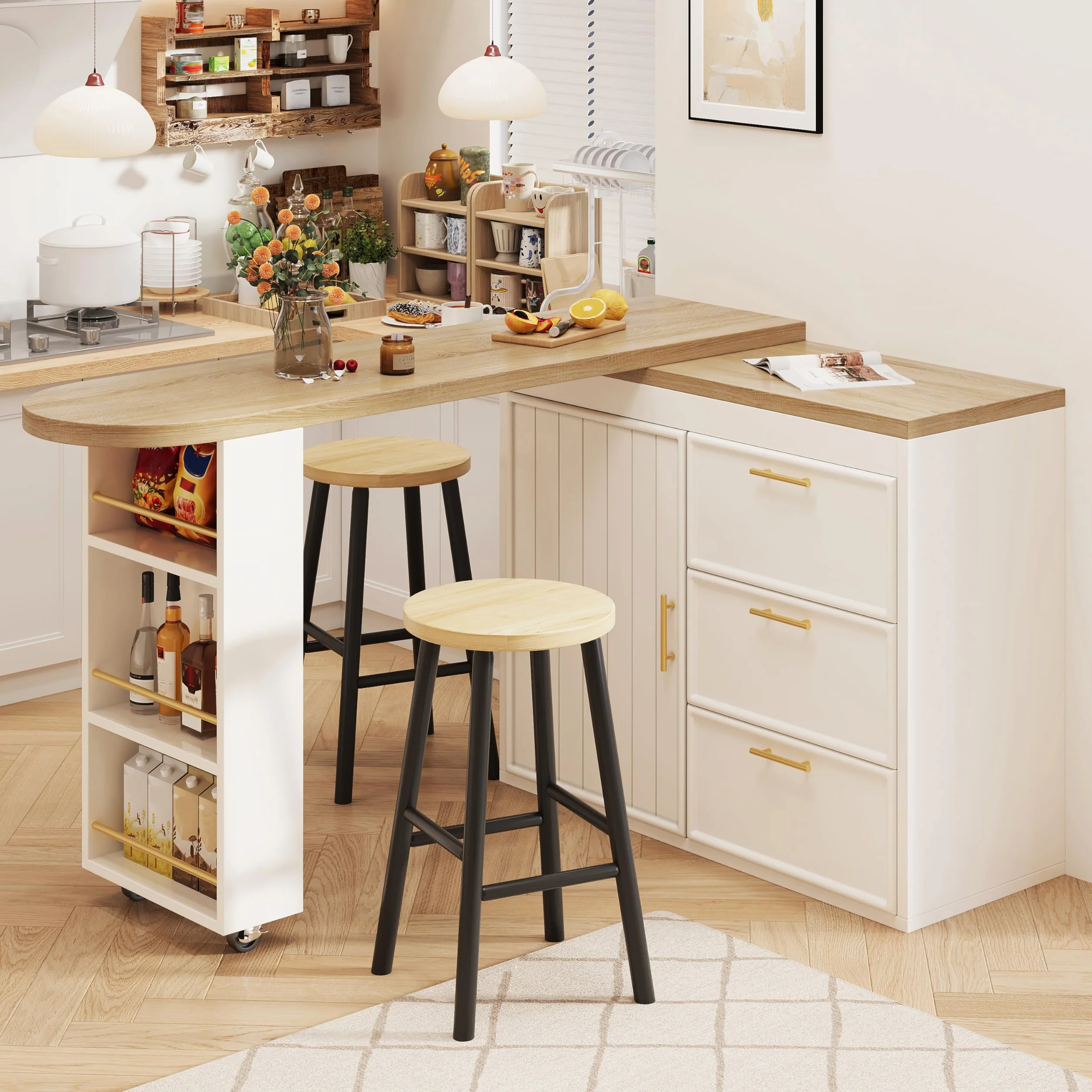 Mesa de Bar Extensible Gira 360° con 2 Ruedas y 3 Cajones, Barra Cocina Isla Cocina con 1 Puerta y Estante Ajustable, Compartimento Lateral y Dispositivo Antivuelco, 128-203x39x90 cm, Blanco