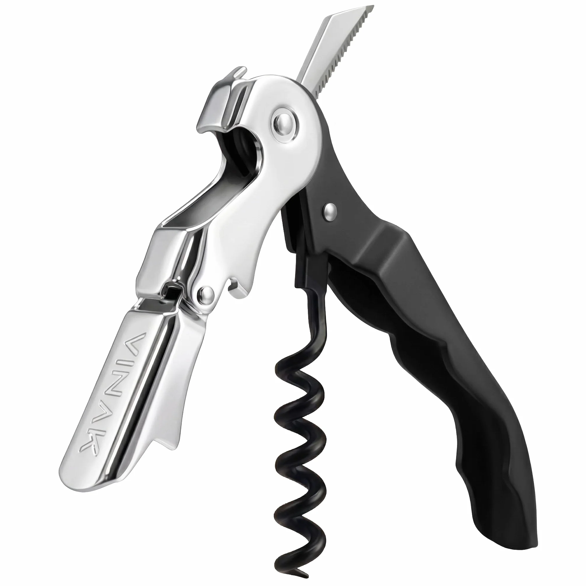 Sacacorchos CAMARERO profesional acero inoxidable con abrebotellas doble apoyo articulado espiral teflonada Negro