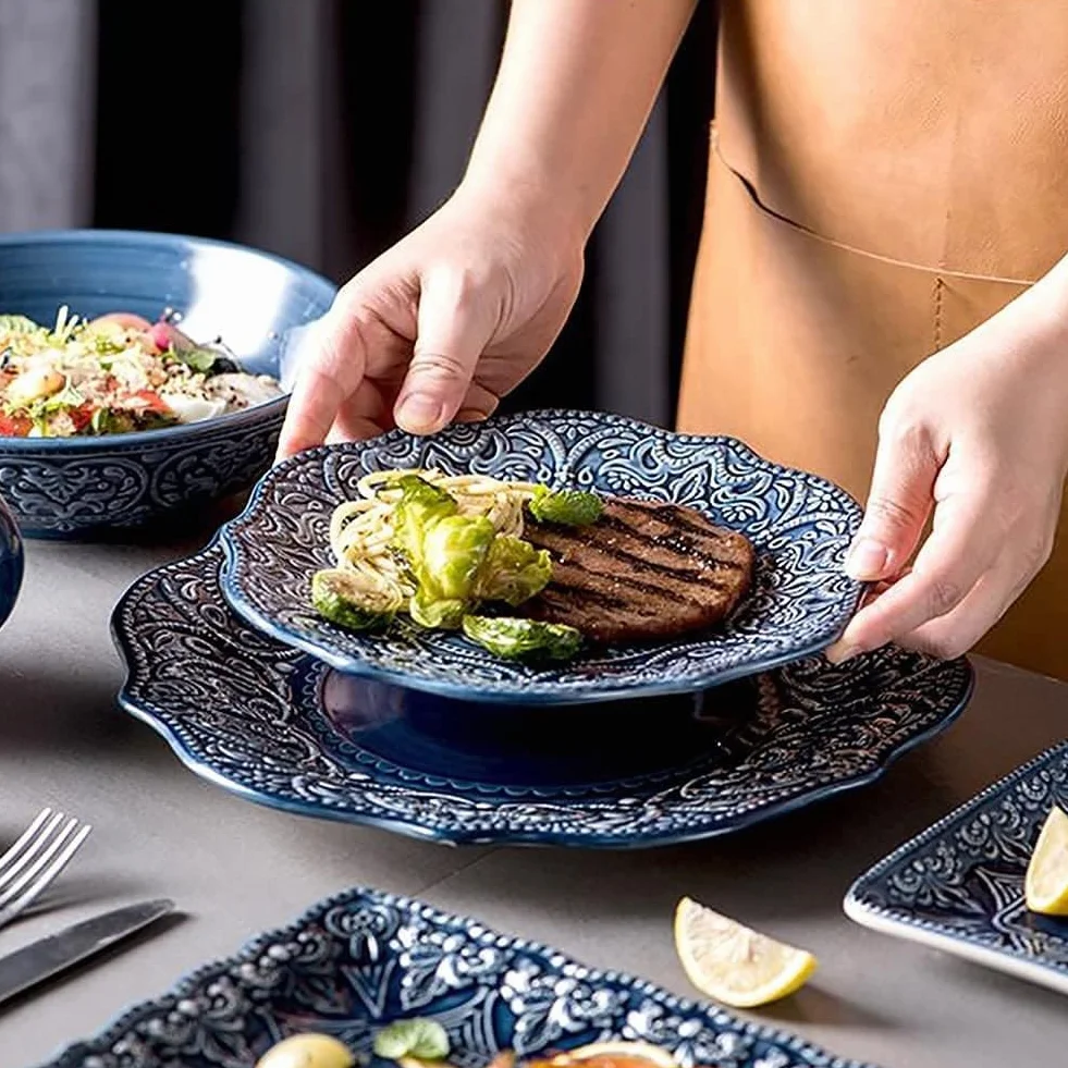 Juego De Vajilla De Cerámica Azul 12 Piezas Bajo Vidriado Ideal para Restaurantes Fiestas Familiares Y Eventos Vajillas Completas Baratas