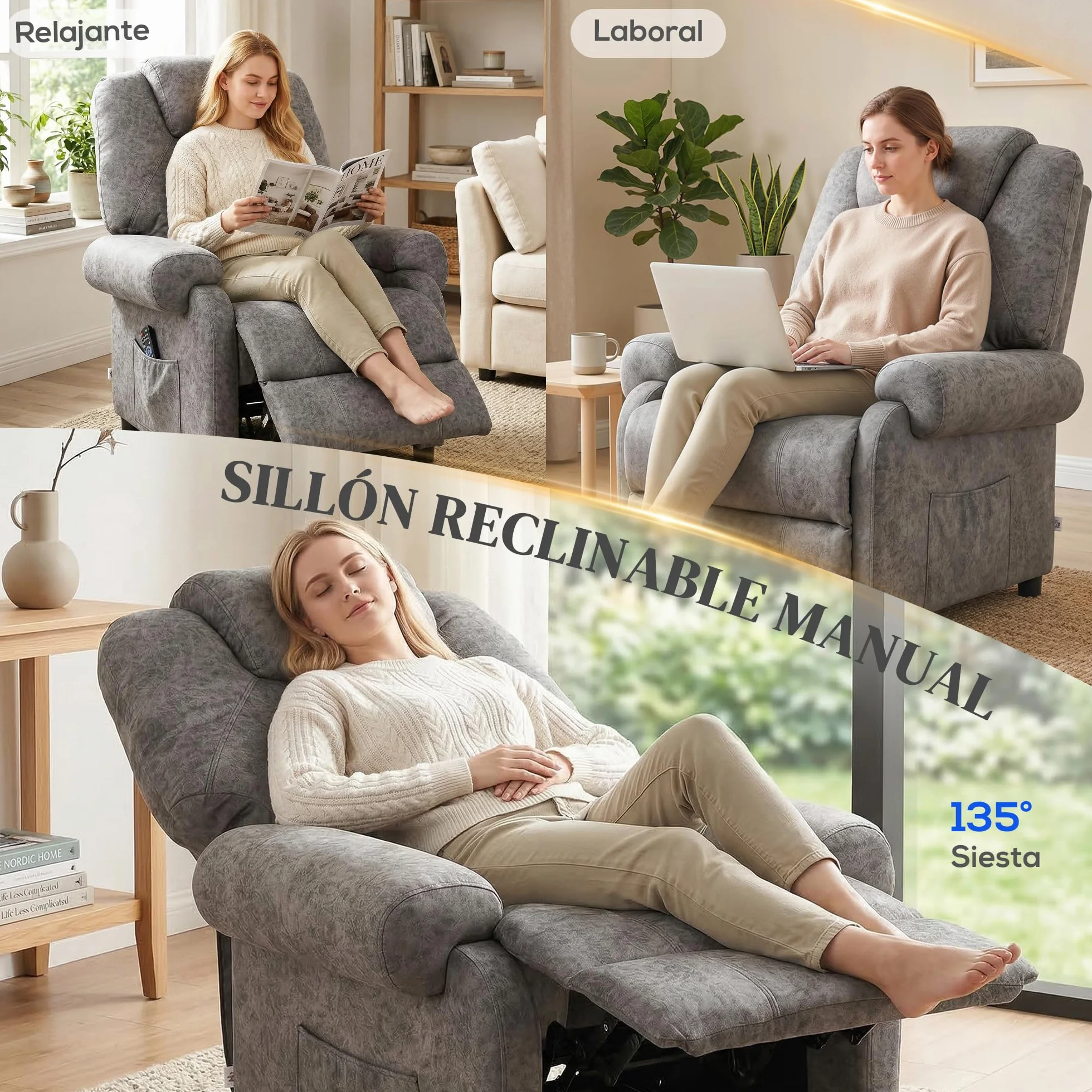 HOMCOM Sillón Relax Reclinable Manual, Sillón Relax de Terciopelo con Reposabrazos, Reposapiés, Acolchado Grueso, Butaca Reclinable hasta 135º para Salón, Dormitorio, Oficina, Gris
