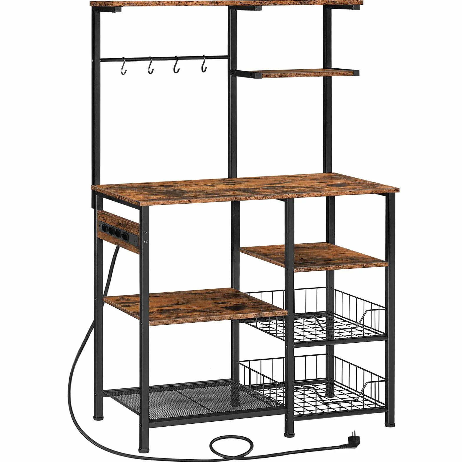 HOOBRO Estantería de Panadería con Toma de Corriente, Estantería para Microondas de 6 Niveles con 4 Ganchos, Bar de Café, Estantería de Cocina con Cestas de Alambre, Marrón Vintage y Negro EBF64CHB01