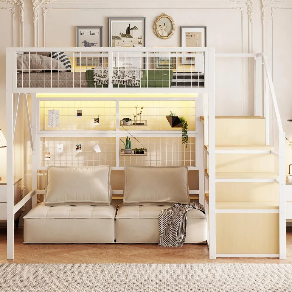 I0I&I0I Cama de metal de hierro para niños y jóvenes con tiras de luz LED, escalera con espacio de almacenamiento, armario abierto, color negro, versátil 193 (blanco + metal + 140 cm x 200 cm)