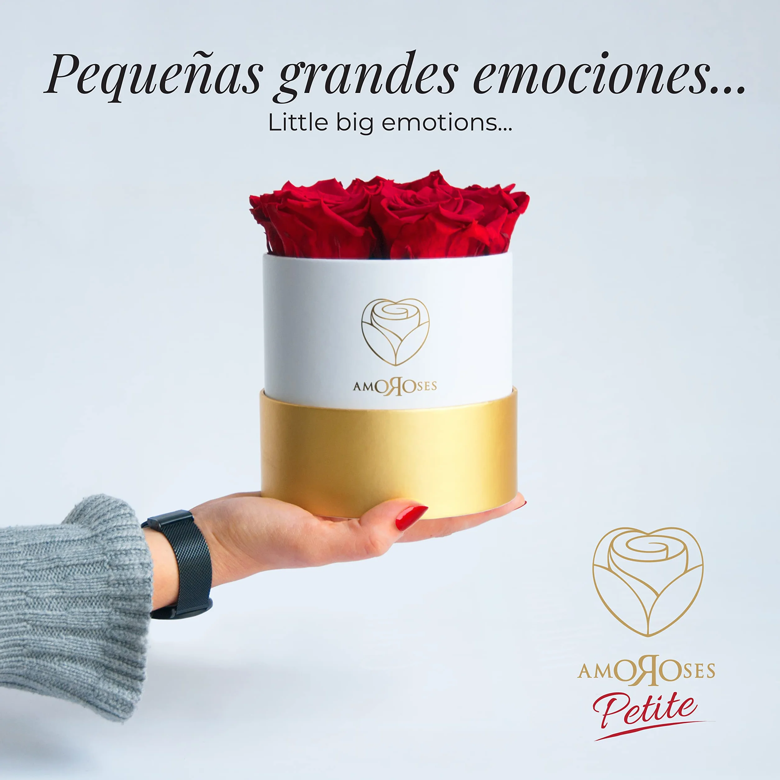 Amoroses Petite - Caja de Regalo 5 Rosas Eternas Estabilizadas - Elegante Ramo de Flores Reales | Idea de regalo (Petite Caja Blanca con Rosas Rojas)