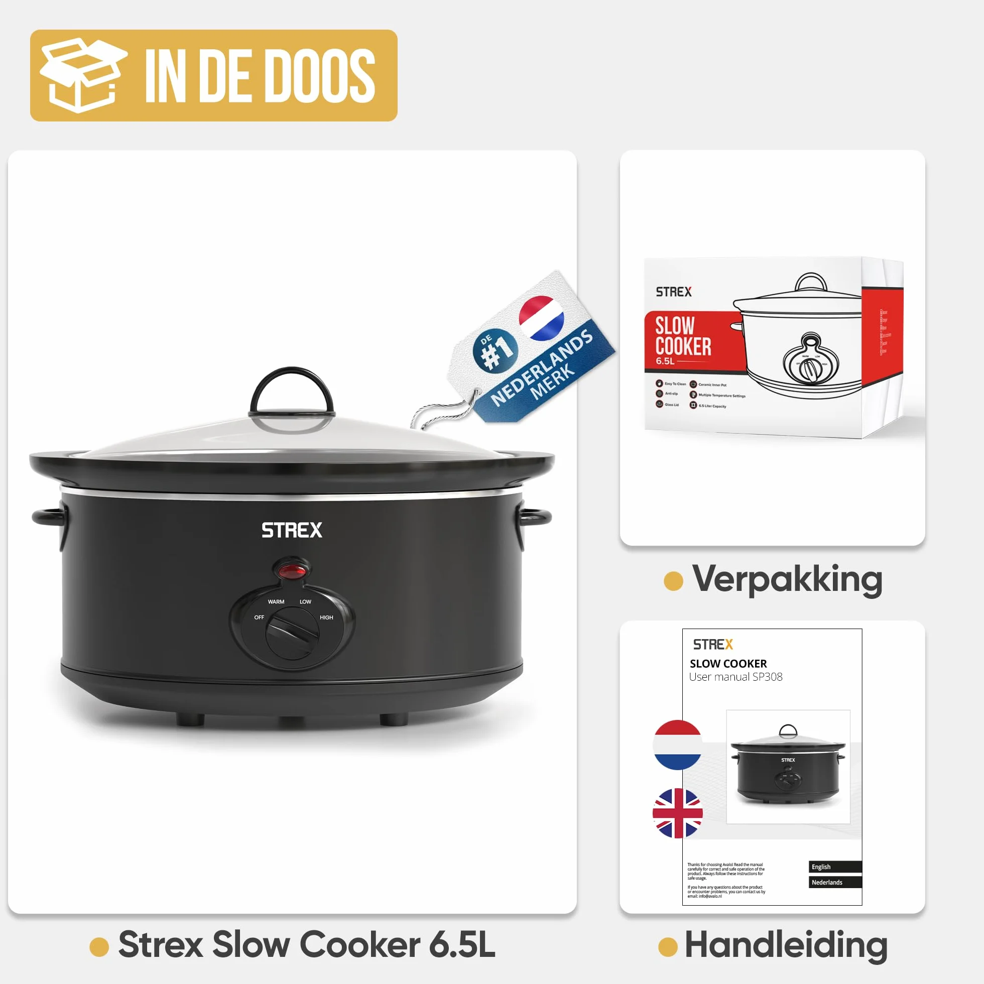 Strex Olla de cocción lenta 6.5L Sartén interior de cerámica extraíble Negro