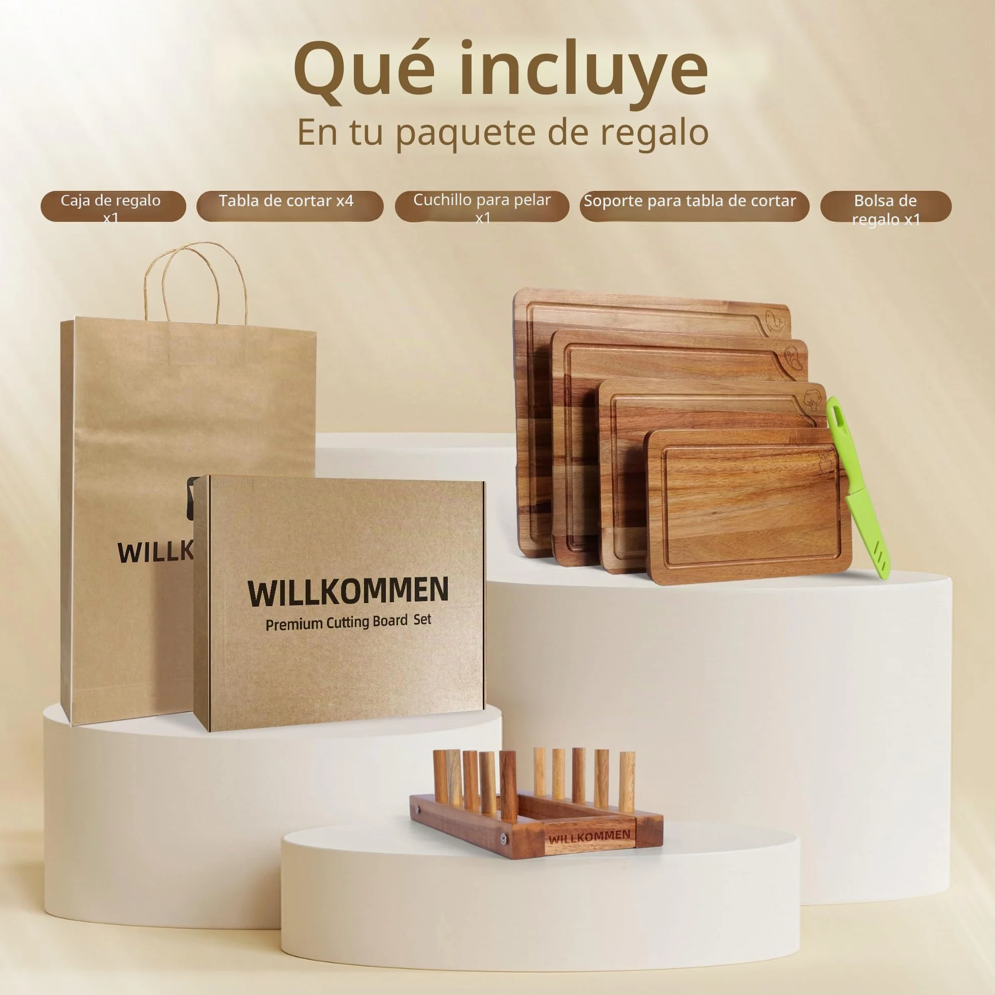 Juego de 4 Tablas de Cortar Acacia Madera Maciza con Canal Antiderrames para Cocina