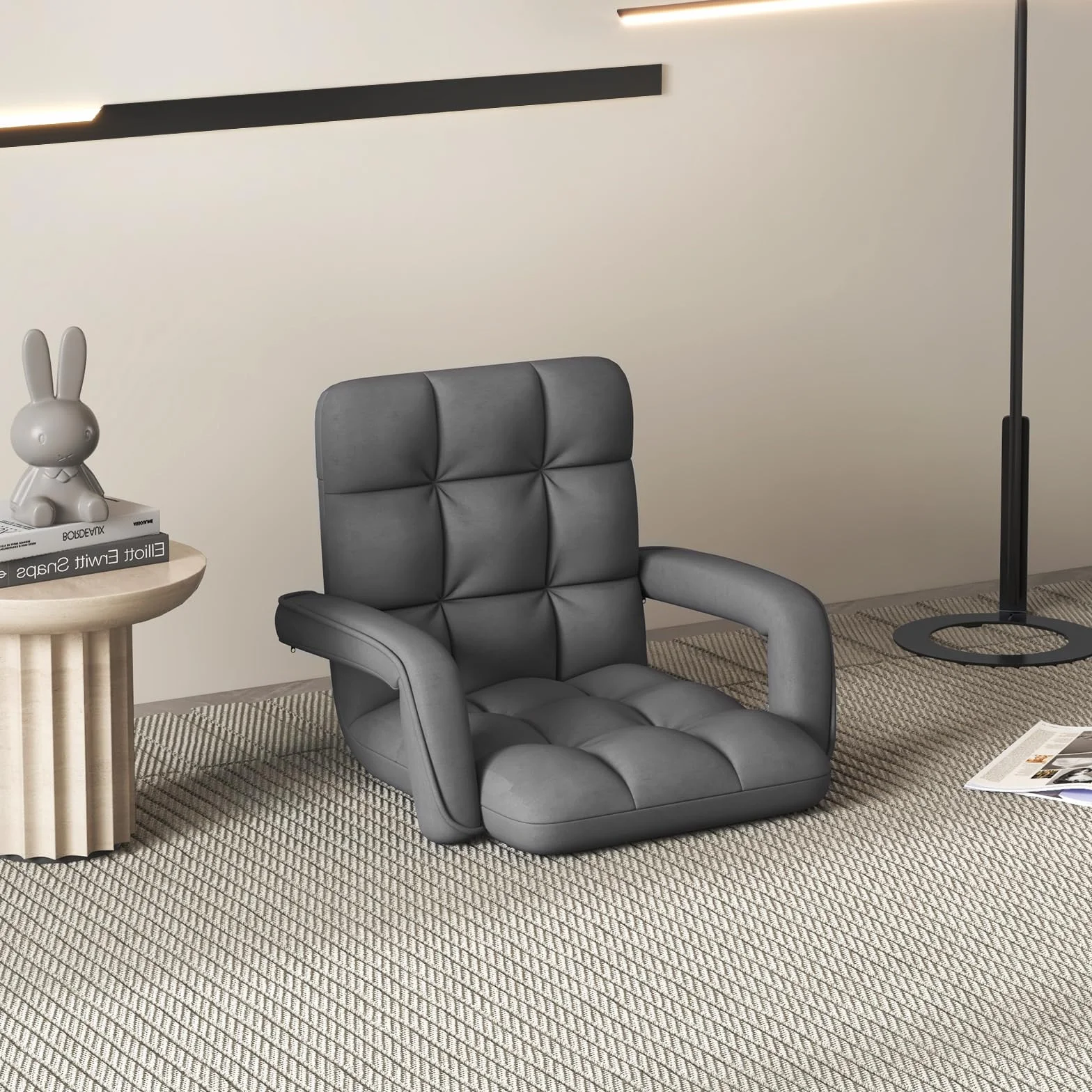 RELAX4LIFE Sillón Plegable de Suelo Ajustable en 6 Posiciones, Sofá Suelo de Tela de Gamuza, Sillón Perezoso con Respaldo, Reposabrazos y Marco Metal para Sala de Estar, Dormitorio, Balcón (Gris)