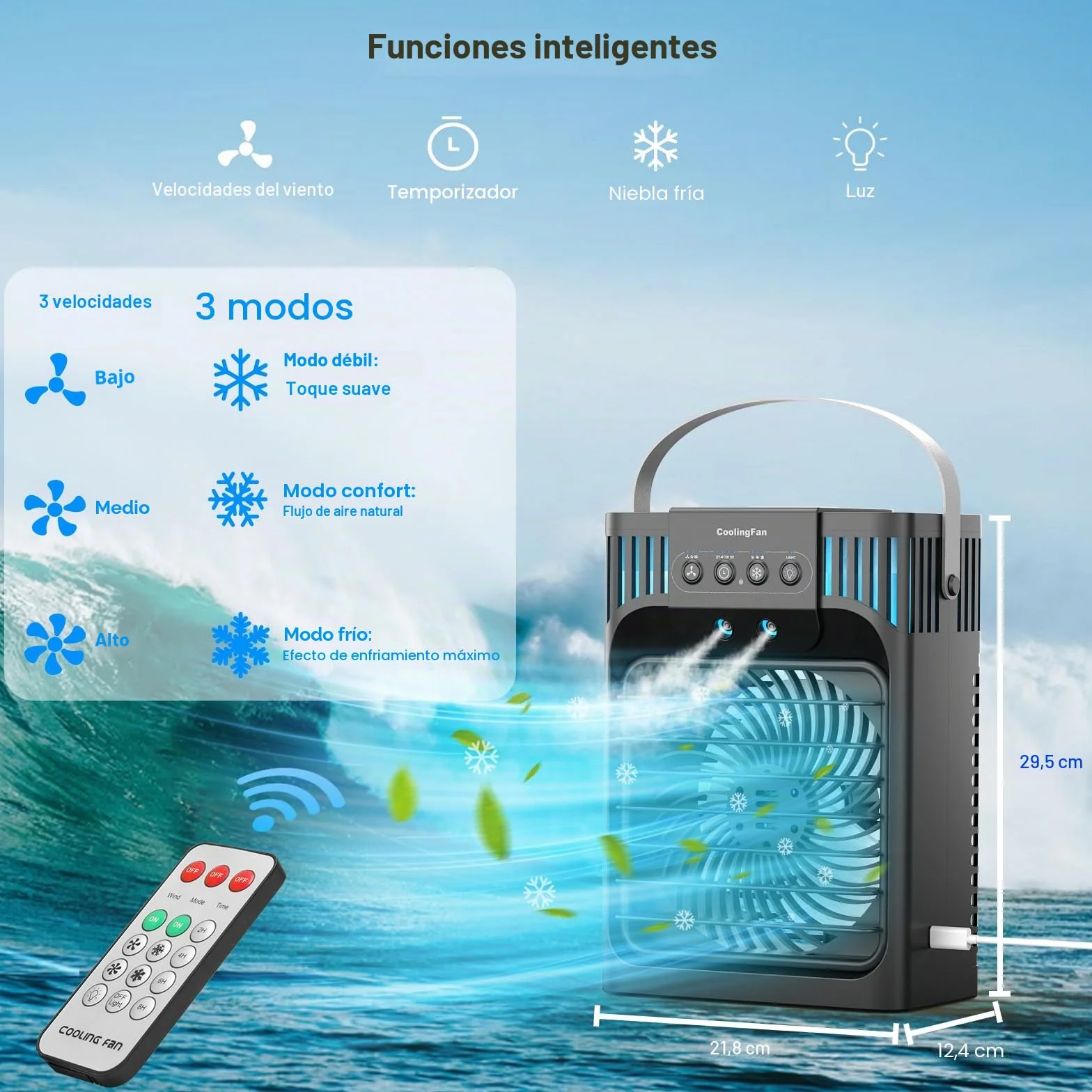 Aire acondicionado portátil con mando a distancia, silencioso con 3 velocidades, ventilador de refrigeración de 1200 ml, ventilador de aire personal con 3 nieblas, 7 luces nocturnas, temporizador de 8