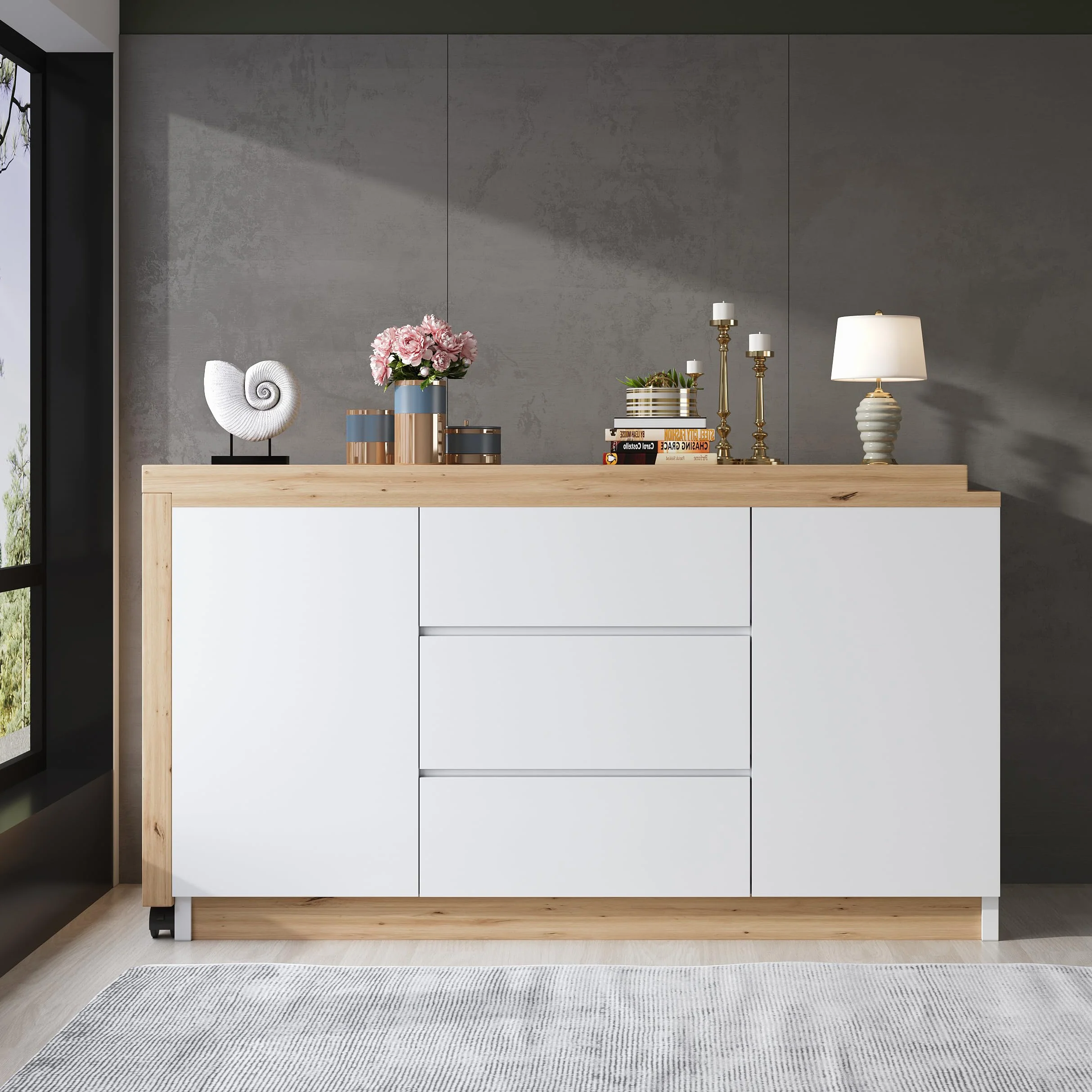 Lexiou Escritorio con ruedas con bloqueo, diseño multifuncional, 4 cm más grueso, mesa giratoria con bloqueo fijo, escritorio plegable, escritorio de esquina, aparador (roble + blanco)