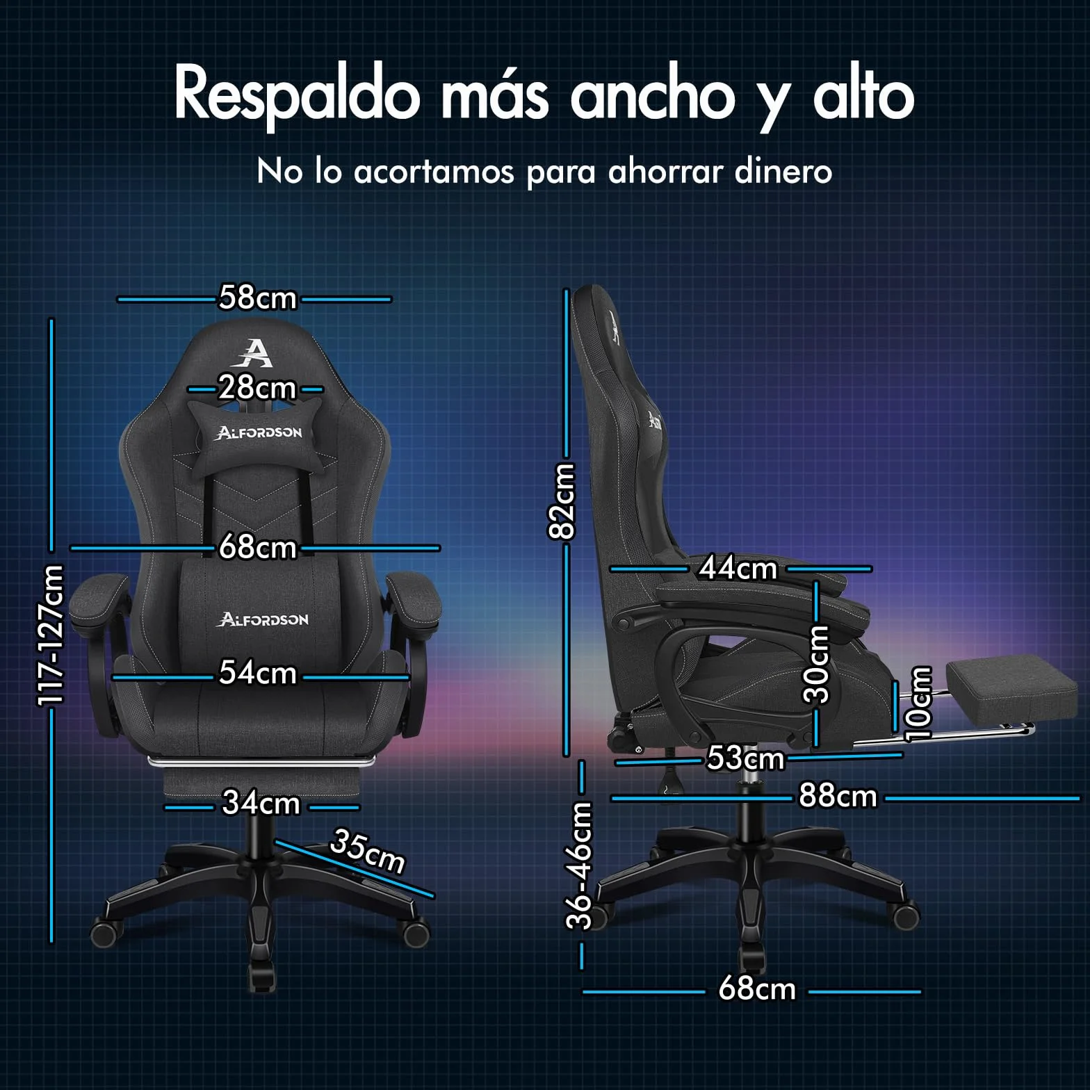 ALFORDSON Silla Gaming con Masaje y LED, Silla Gamer Ergonómica con Cojín Lumbar y Cervical, Reposapiés Telescópico, Iluminación para Ordenador, Videojuego, Juegos, Oficina, Lino(Gris Oscura)