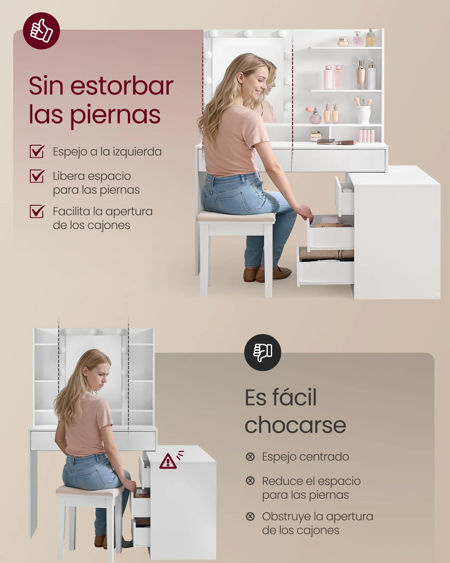 VASAGLE Kailyn Colección - Tocador con Espejo LED y Regleta, 9 Bombillas, 8 Cajones, 3 Estantes, Iluminación de 3 Colores, Modular en Línea o en L, Mesa de Maquillaje, Blanco Nube RDT140WB01