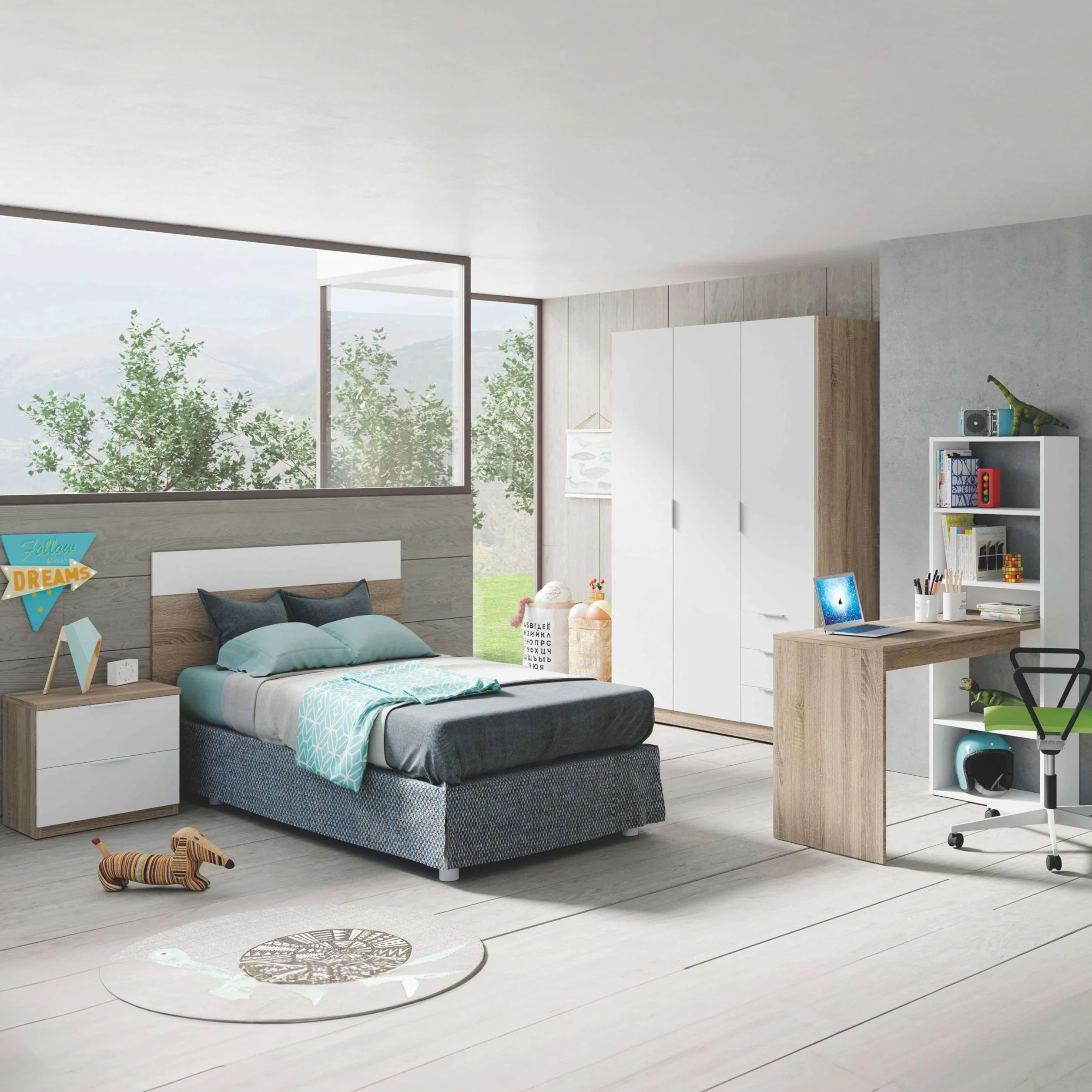 Miroytengo Pack Muebles Dormitorio Juveniles Color Blanco Artik y Roble Canadian (Cabezal+mesita, Mesa+estantería y Armario)