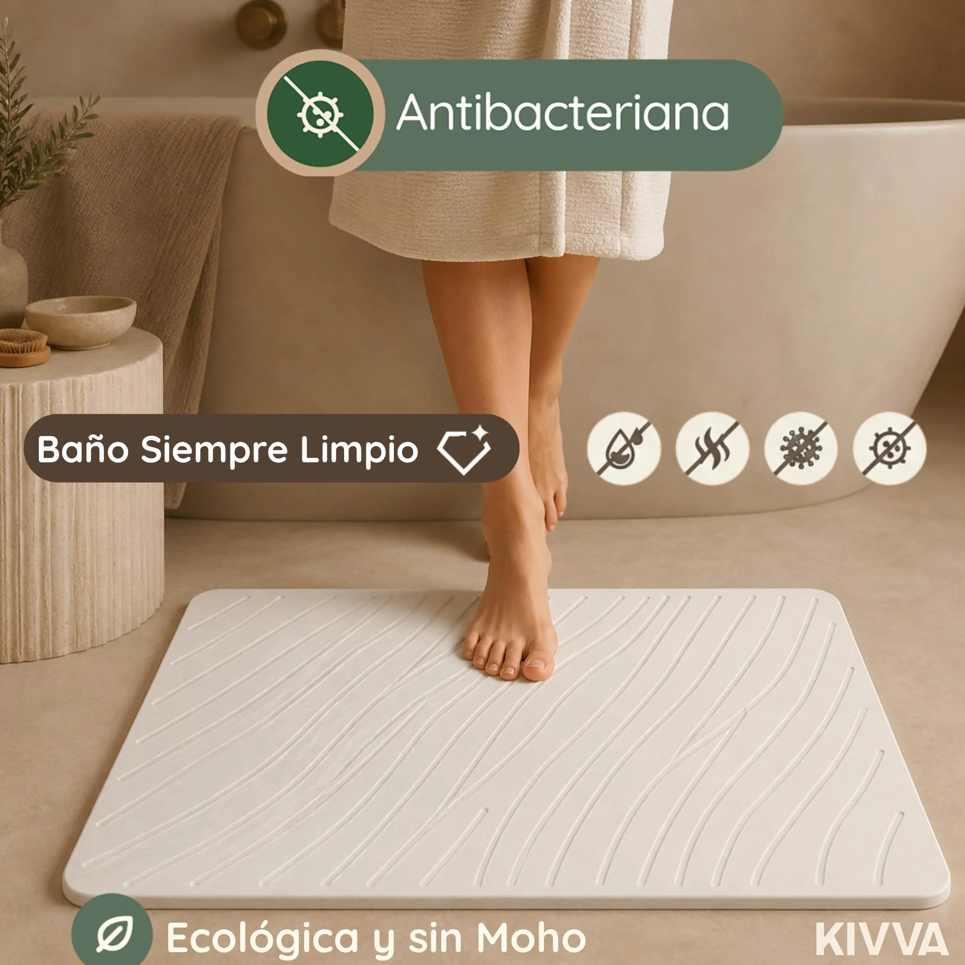 Kivva Alfombrilla Diatomita 60x40 Antideslizante Antibacteriana Baño Secado Rápido