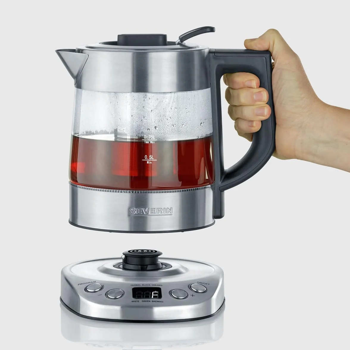 SEVERIN Tetera y hervidor de agua Deluxe Mini, tetera eléctrica de cristal para hasta 1,0 L, tetera pequeña con temperatura ajustable, color acero cepillado/negro, WK 3473