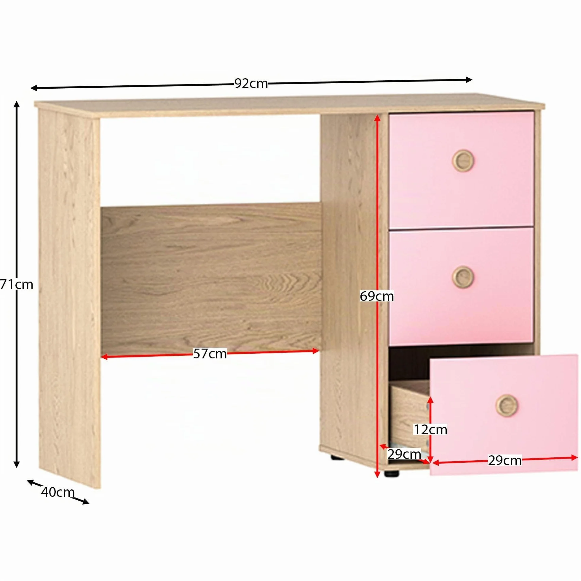 Junior Vida Neptune Escritorio 3 Cajones Ordenador Portátil Estación Trabajo Estudio Casa Muebles Niños Rosa Roble