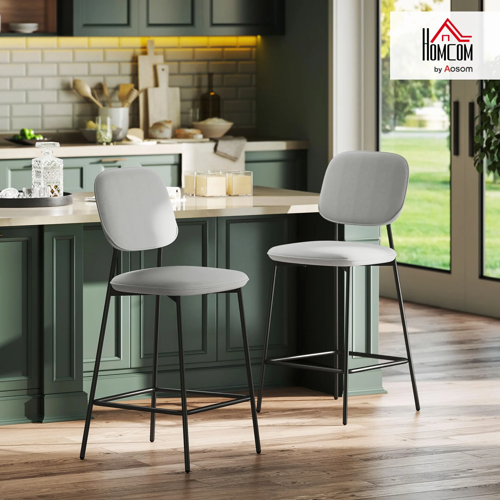 HOMCOM Juego de 2 Taburetes de Bar con Respaldo y Reposapiés Gris Claro | Taburetes Altos de Cocina, Tapizado en Terciopelo, Marco de Acero, para Comedor Mostrador