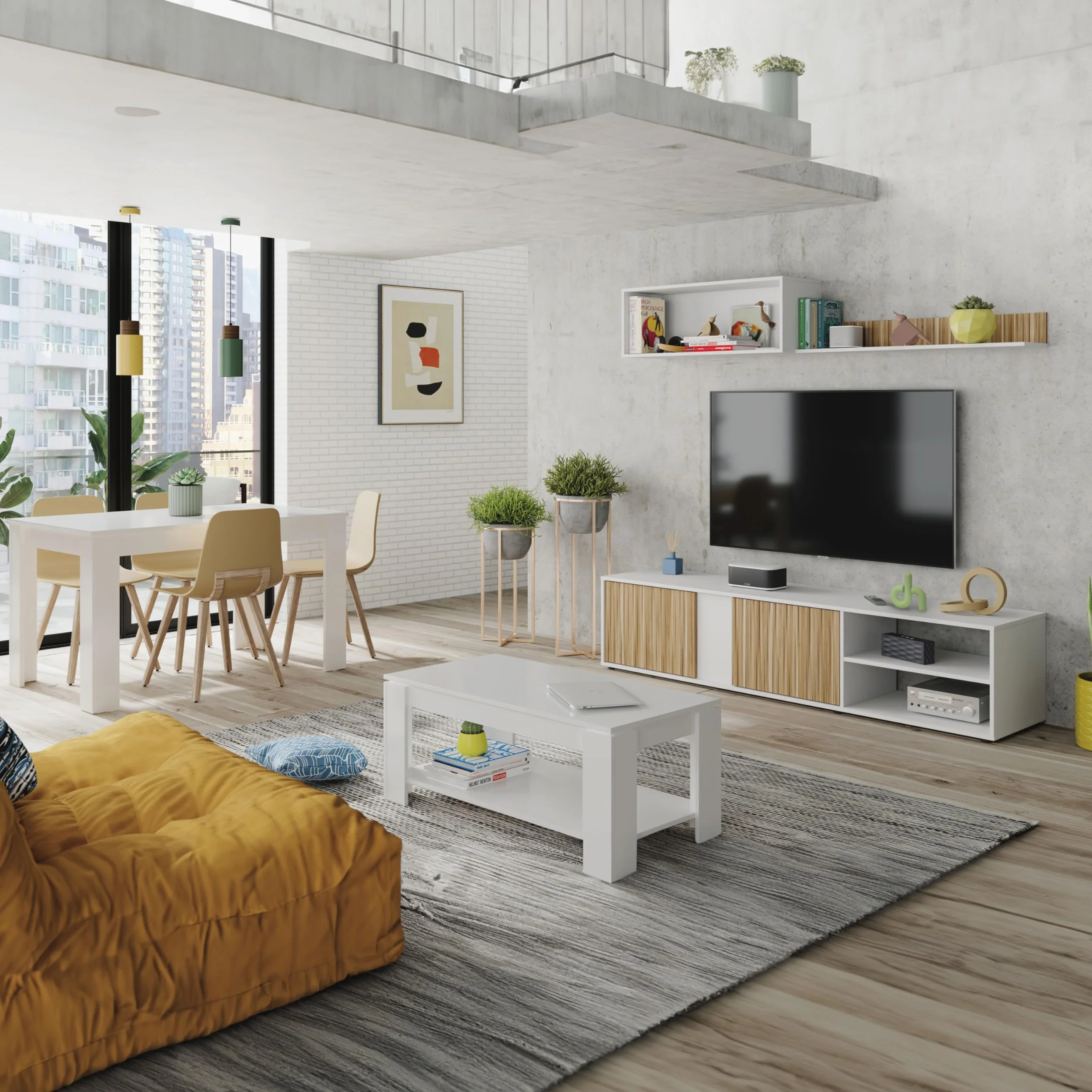duehome | Conjunto Reversible de Salon, Mueble de TV, Modulos de Comedor, Modelo Alix, Acabado en Blanco Artik y Natur, Medidas: 180 cm (Largo) x 33 cm (Fondo) x 40 cm (Alto)