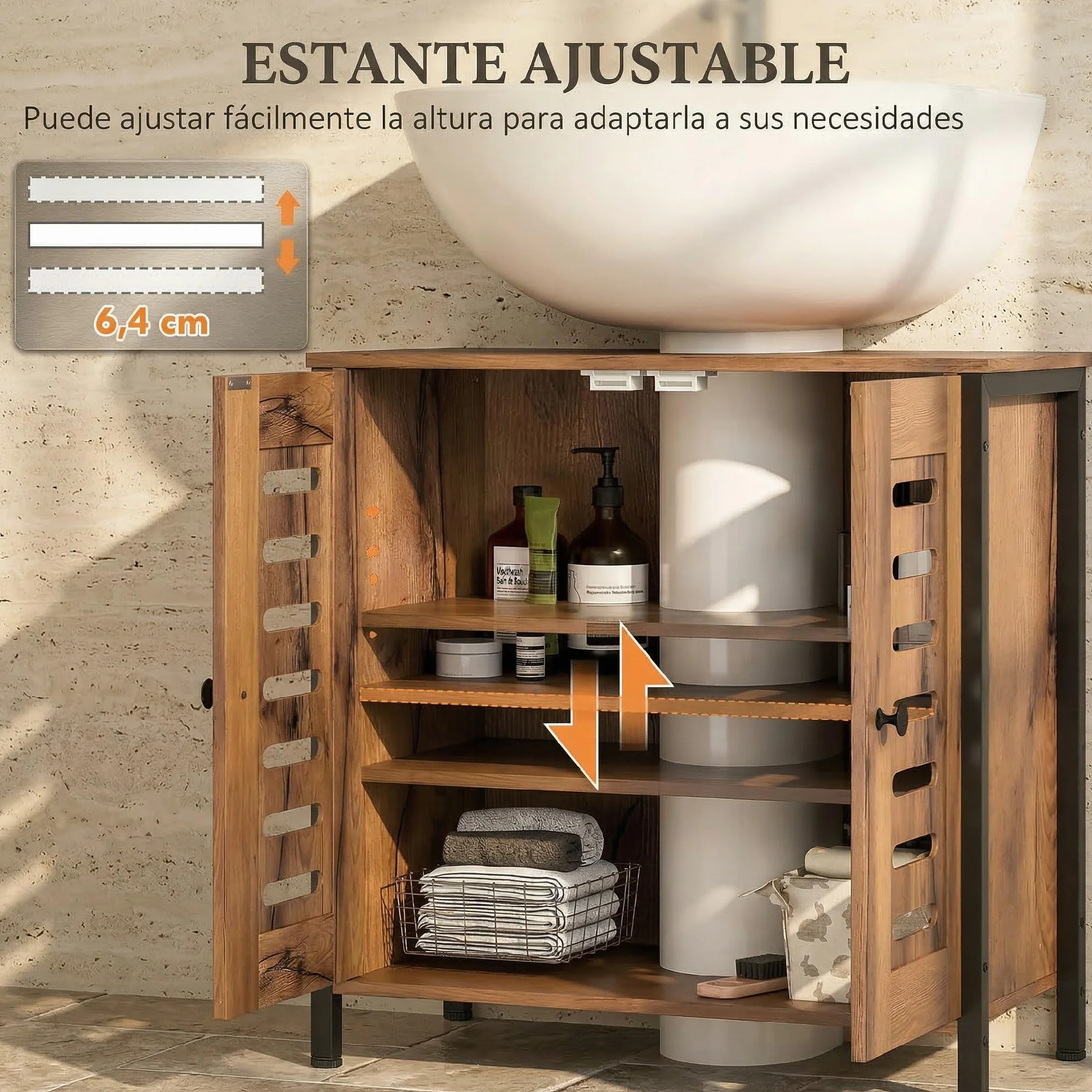 HOMCOM Mueble Bajo Lavabo Industrial con 2 Puertas de Lamas y Cierre Magnético, Estante Regulable, para Lavabos sin Pedestal, Mueble de Baño 60x30x60 cm Marrón Rústico
