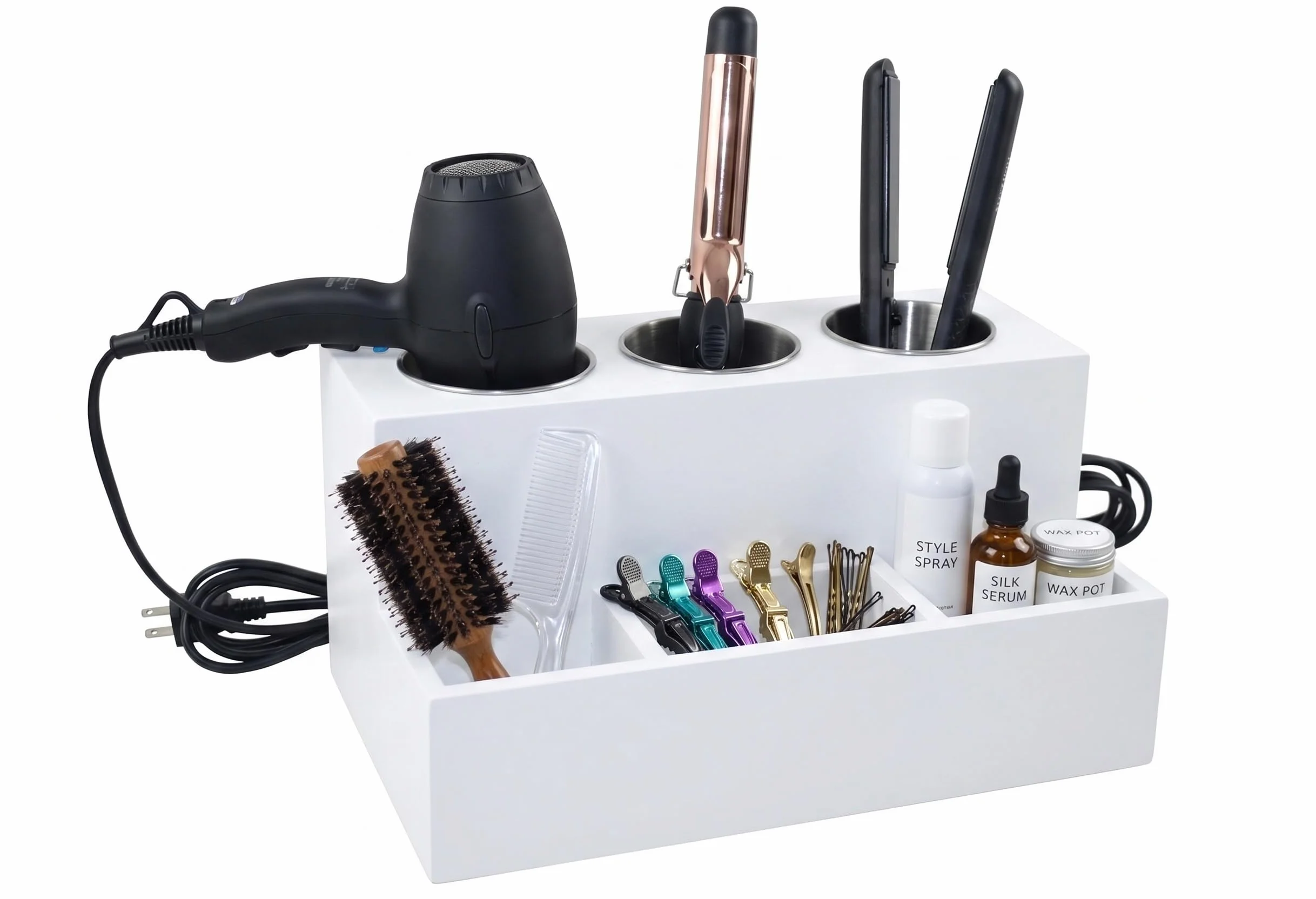 Organizador de herramientas para el pelo, y estilo del pelo, la planchita alisadora,el rizador el organizador de brochas, Montaje en pared o siéntese en el mostrador para Tocador, Baño-Blanco