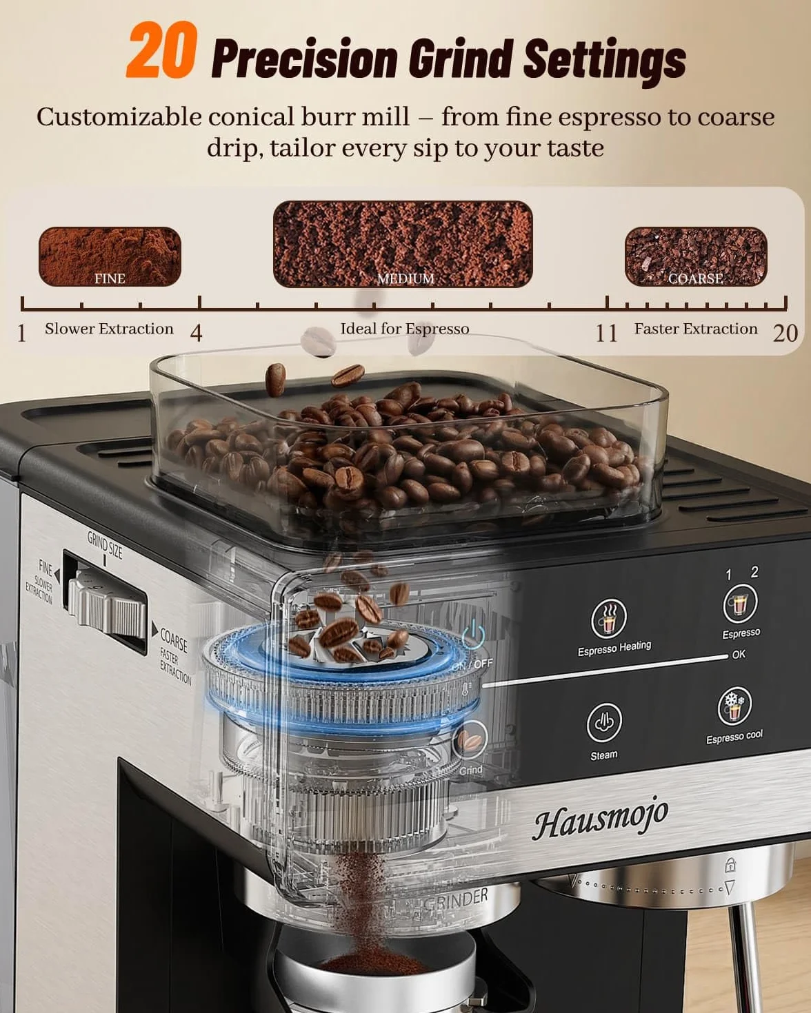 Máquina de café espresso con amoladora, cafetera compacta de 20 barras con espumador de leche, máquina de café profesional para el hogar, control táctil, capuchino y cafetera con leche