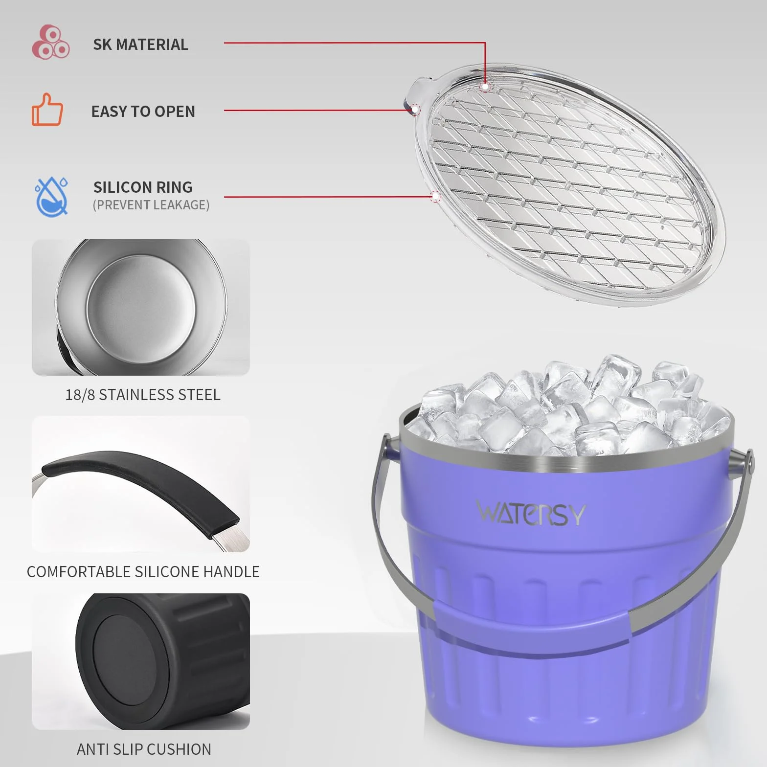 WATERSY de 7.6 L Cubitera con Tapa y Asa, Cubitera para Hielo Reutilizable Acero Inoxidable de Doble con Pinzas y Pala, para Cócteles, Whisky, Cerveza, Bares (Morado)