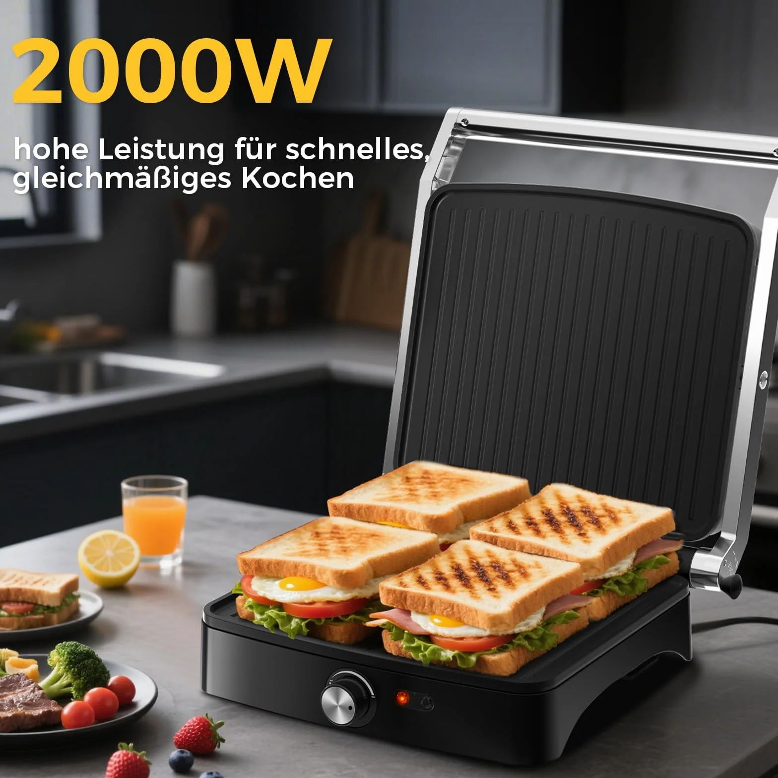 YASHE Parrilla de contacto, sándwich con regulador de temperatura, parrilla de mesa plegable de 180 grados, placa antiadherente, tapa de acero inoxidable, parrilla Panini para sándwich, carne y
