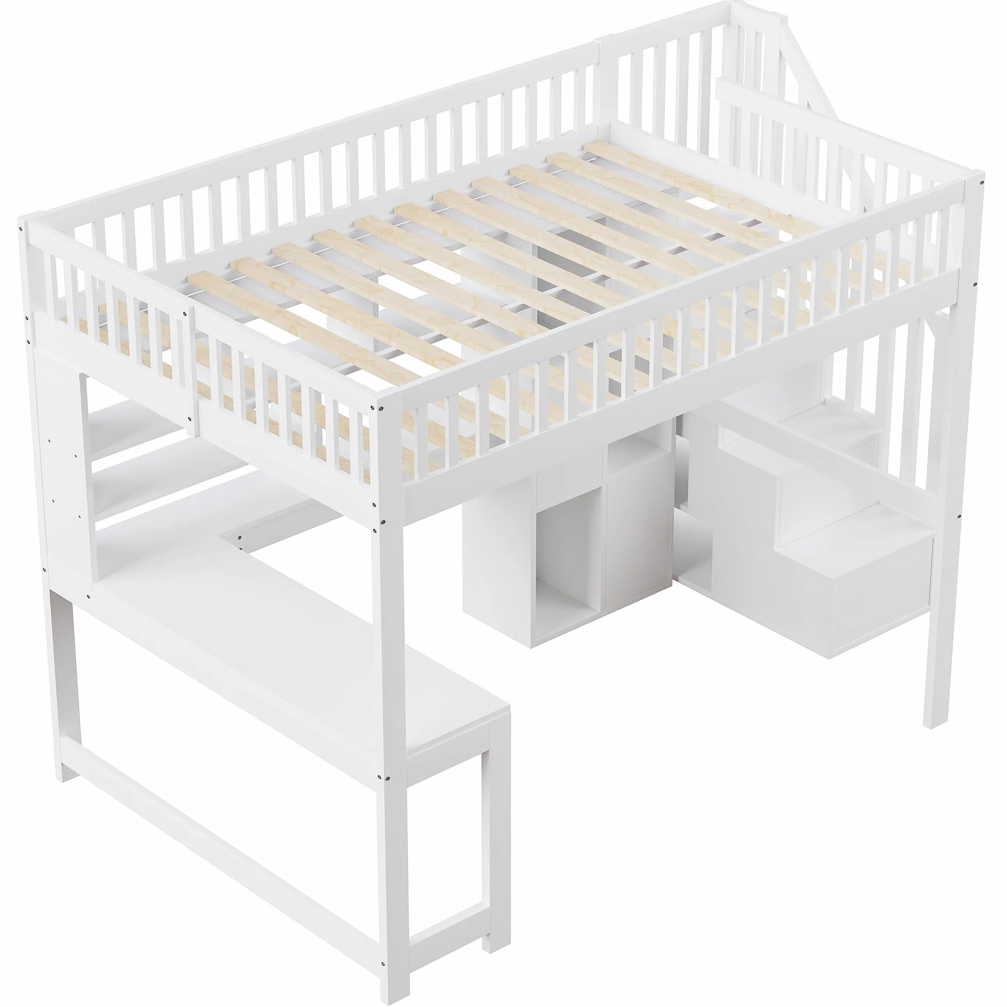 Moimhear Cama alta, 140 x 200 cm, con luces LED, escalera, estanterías, estantes, escritorio, madera de pino+MDF + Plywood, adecuado para niños y jóvenes (blanco)