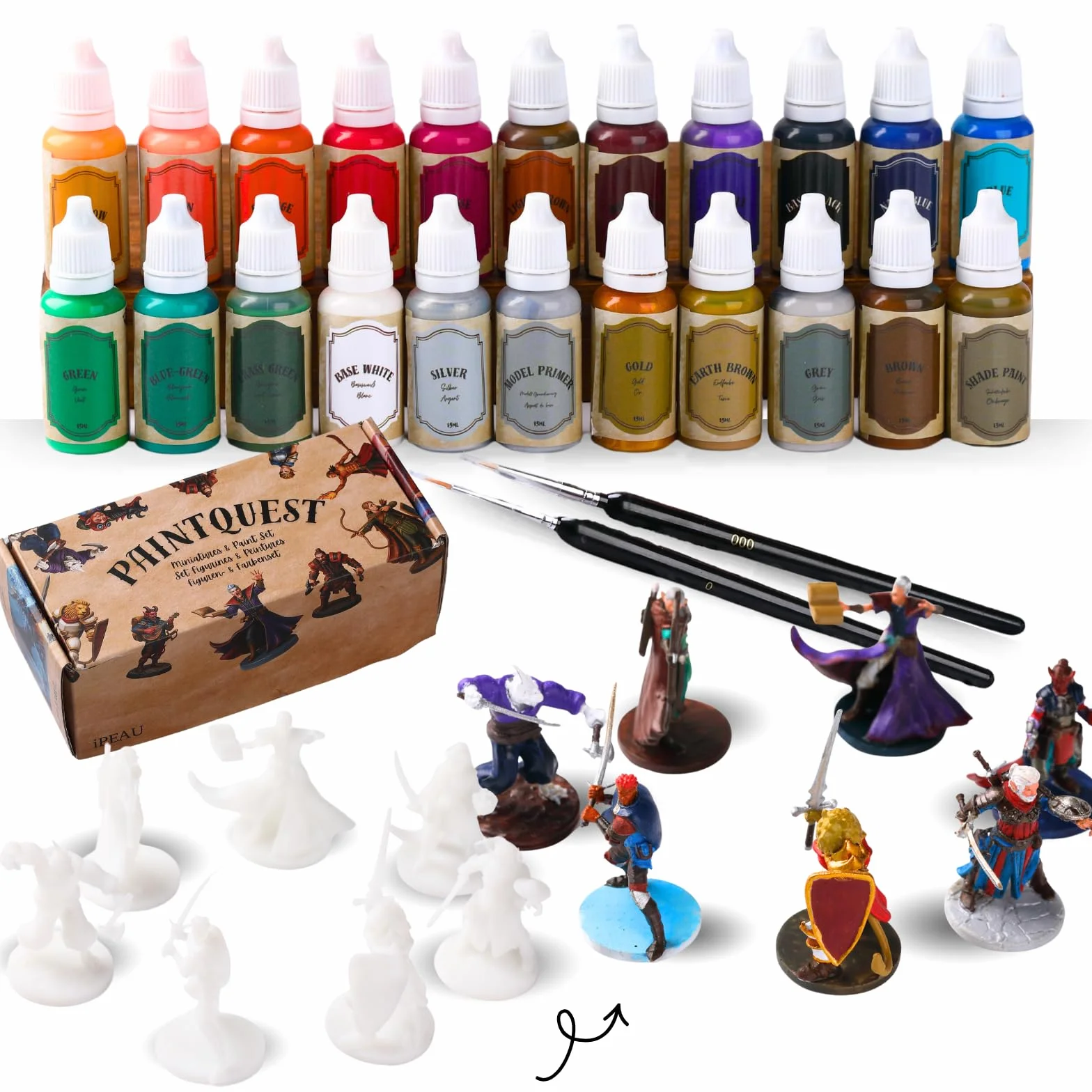 Kit Pintura Miniaturas DND-Set Inicio 22 Pinturas Agua Principiantes Incl Oro/Plata Metálicos Sombras y Primer Figuras DND War Hammer40K Regalo Ideal 7 Figuras Aventuras TTRPG