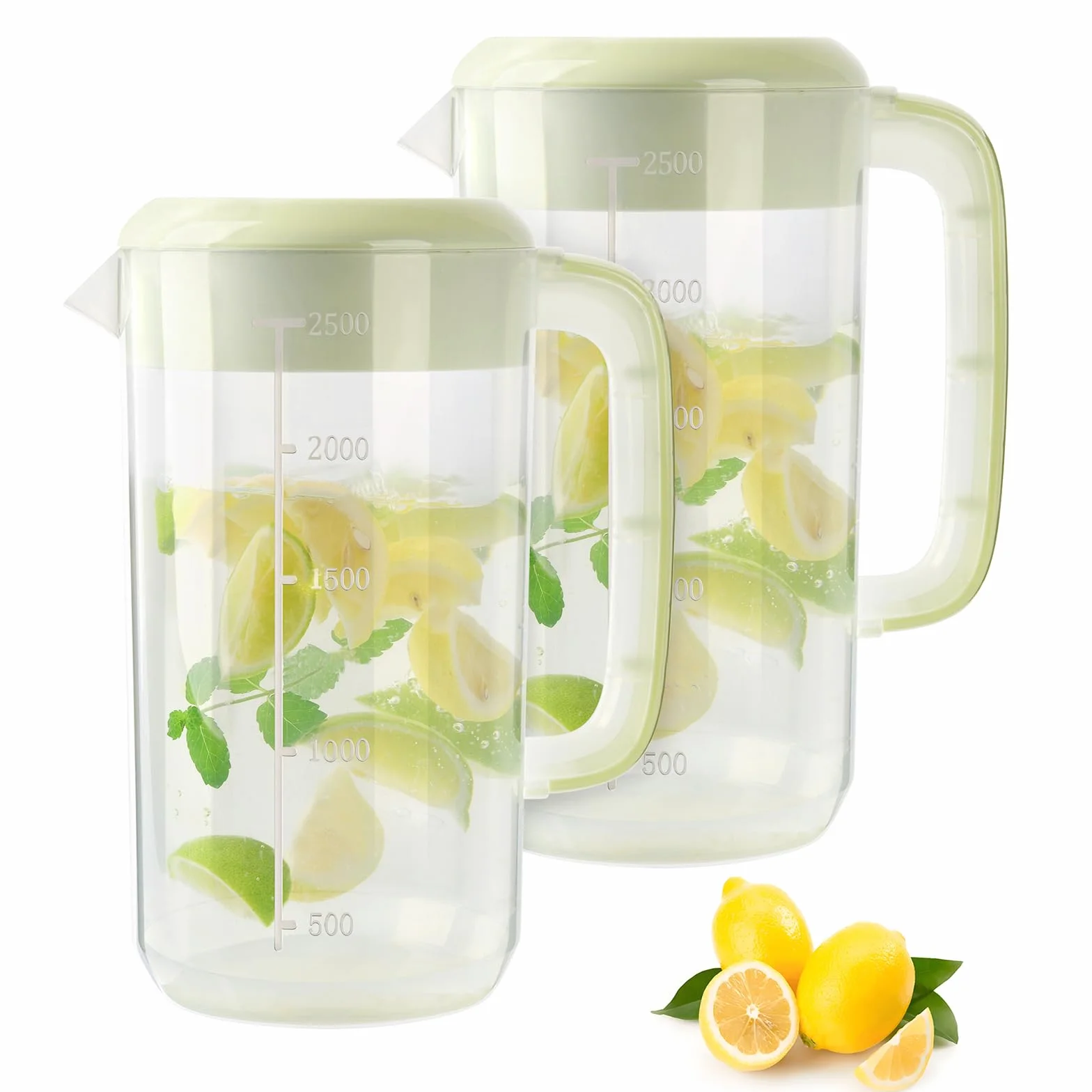 Jarra de plástico transparente de 2,5 litros con tapa, paquete de 2 jarras de agua transparente para bebidas frías, jarra de té helado para limonada, té helado, leche, jugo, bebidas