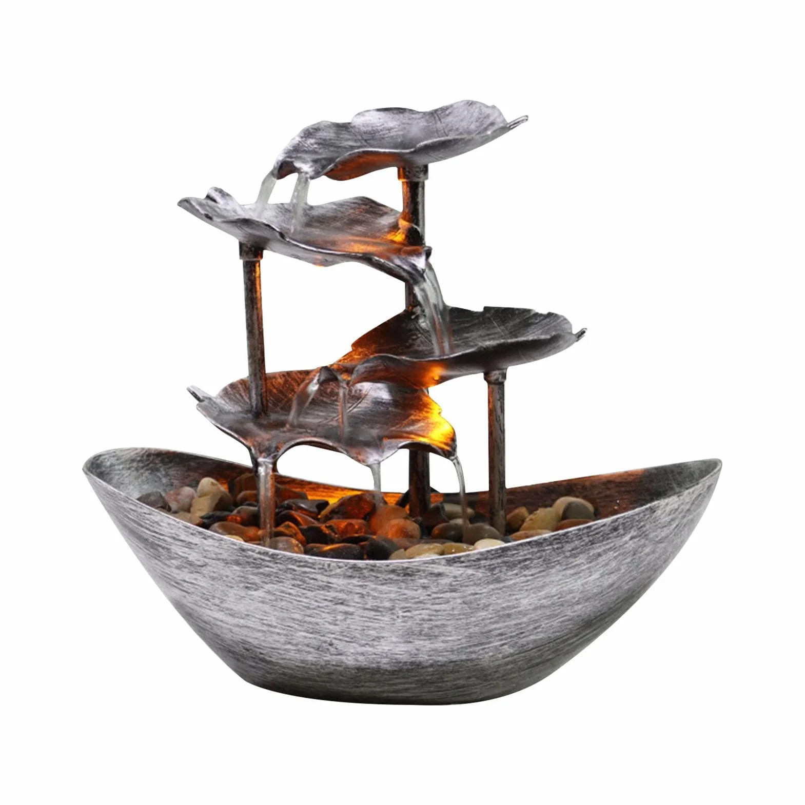 Fuente pequeña de cascada para interiores? Fuente de mesa de 4 niveles | Fuente de escritorio de relajación con bomba automática USB, luces LED, llave, decoración dorada y plateada de 10 pulgadas pa