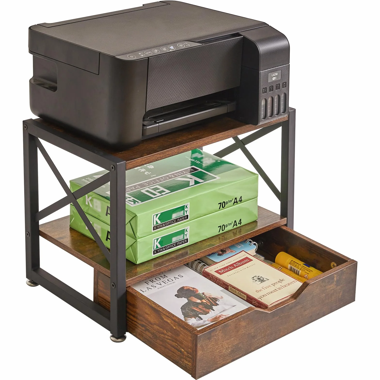 IBUYKE Soporte de Escritorio para Impresora de 2 Niveles, Organizador de Escritorio Multiusos, Soporte de Madera para Impresora con Cajón de Almacenamiento para Carpetas, Libros, para Fax, Escáner