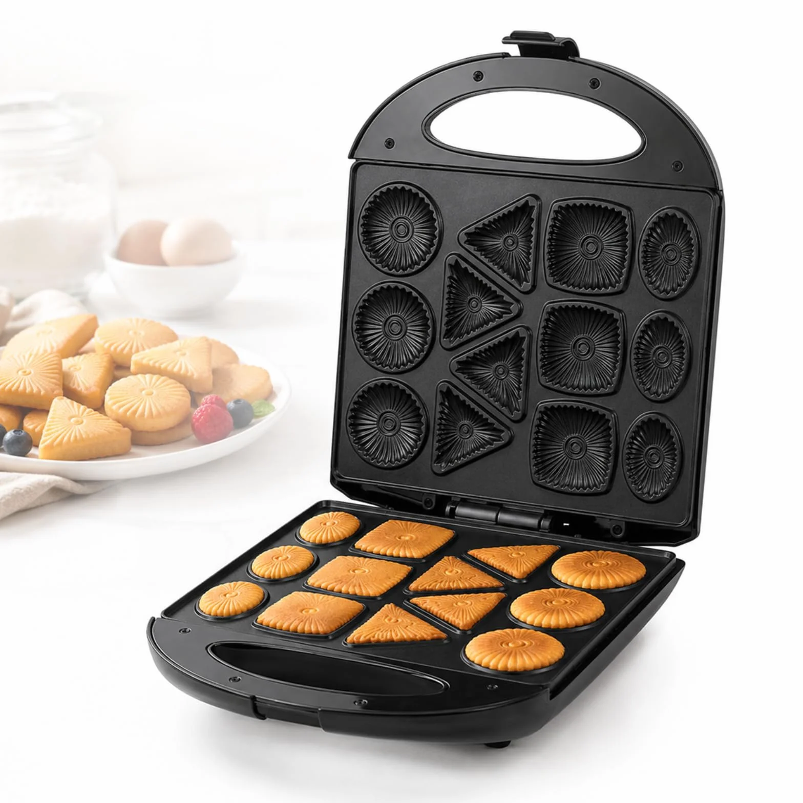 Máquina para Hacer Galletas De Nuez, Mini Donas, Calentamiento por Ambos Lados con Superficie Antiadherente, Prepara 4 Formas Diferentes De Panqueques, para Galletas, Bocadillos Y Postres.