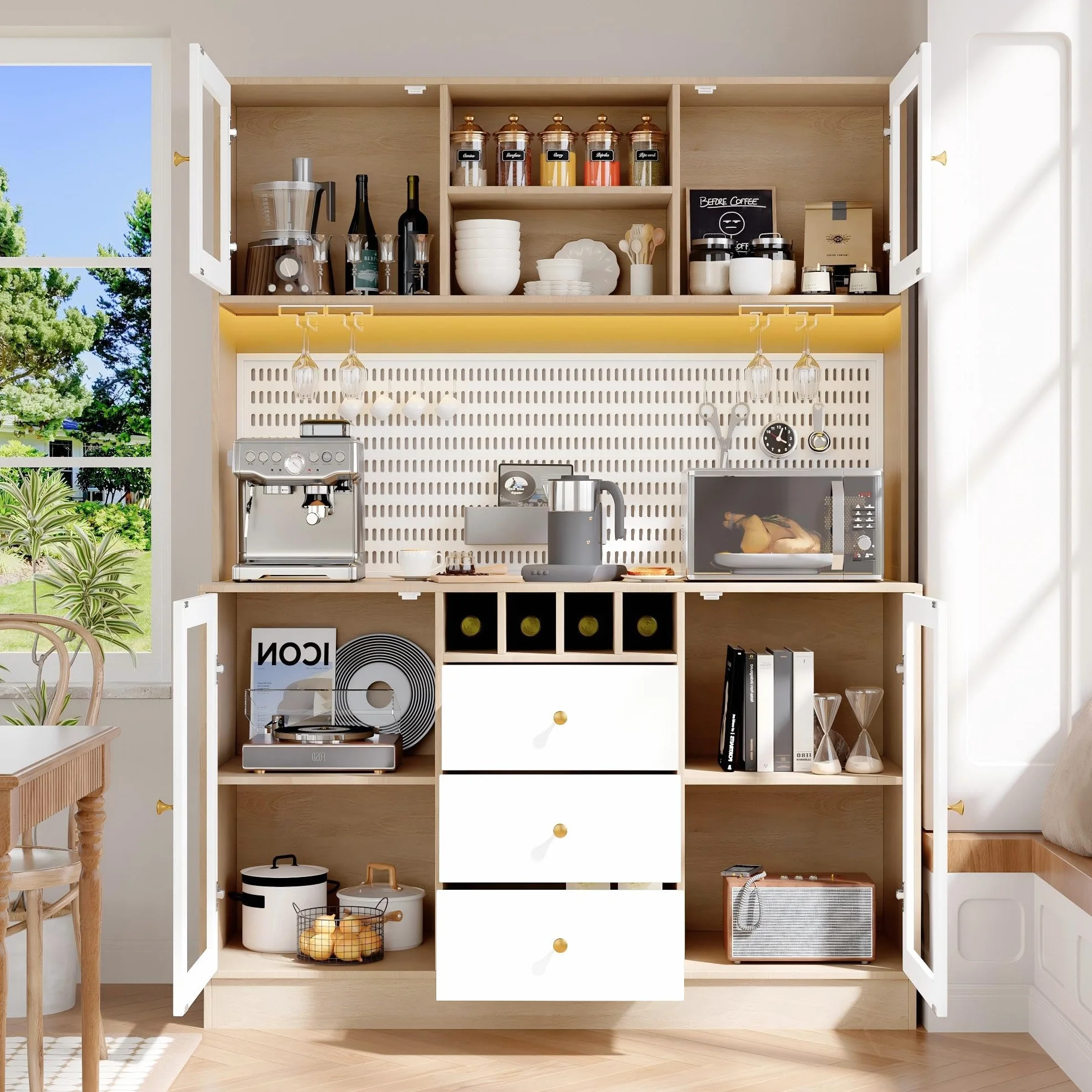 Alacena de Cocina Aparador Alto Moderno con LED y Placa Perforada, Armario Cocina con Botellero, Mueble Auxiliar Aparadores, 3 Cajones y 4 Puertas, Dispositivo Antivuelco, 140x40x185.7 cm,Blanco