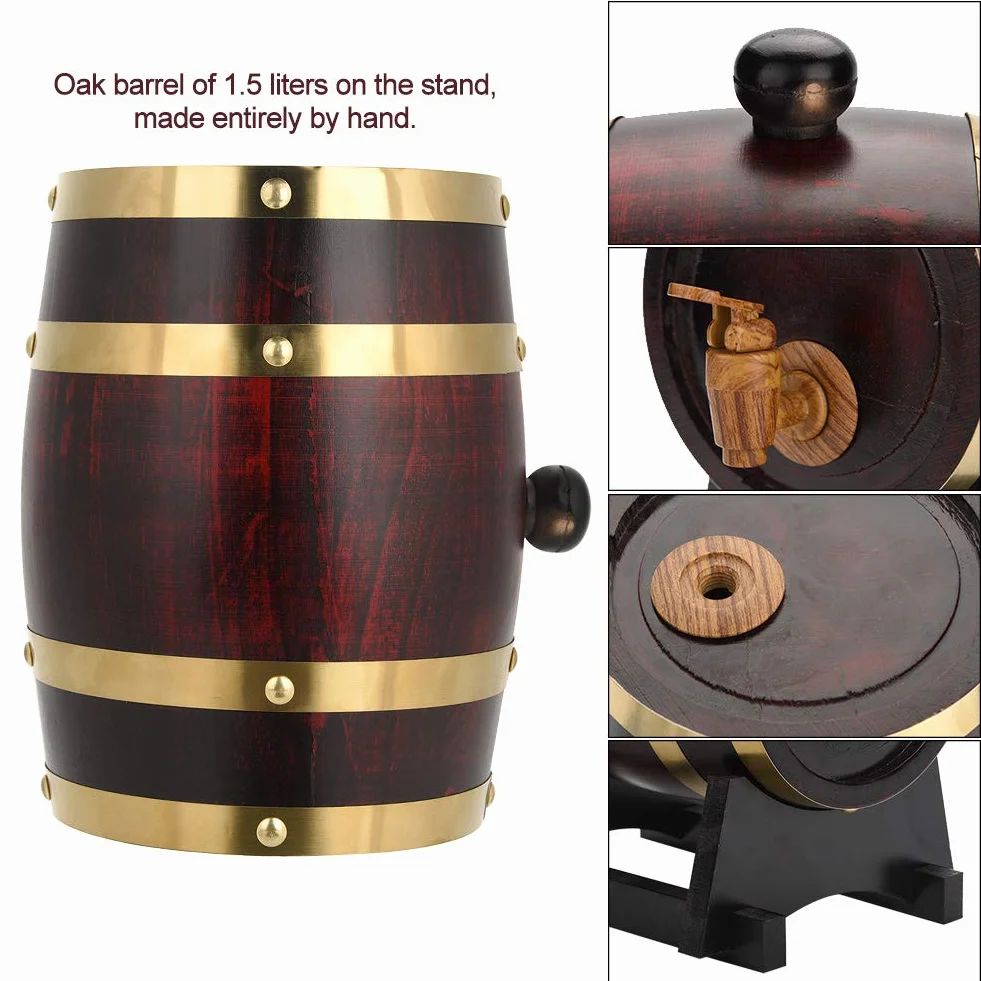 Barril de roble, 1,5 L, madera de roble envejecido, vino, licor, whisky, barril de almacenamiento con grifo para cerveza, whisky, ron puerto