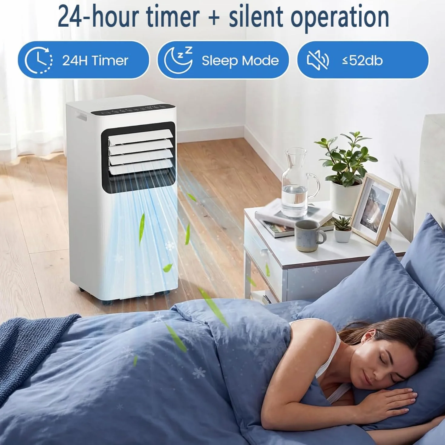 7000BTU - Aire acondicionado portátil con control remoto, temporizador de 24 horas, kit de ventana, 2 velocidades, 3 modos de ventilador de refrigeración para habitación y oficina