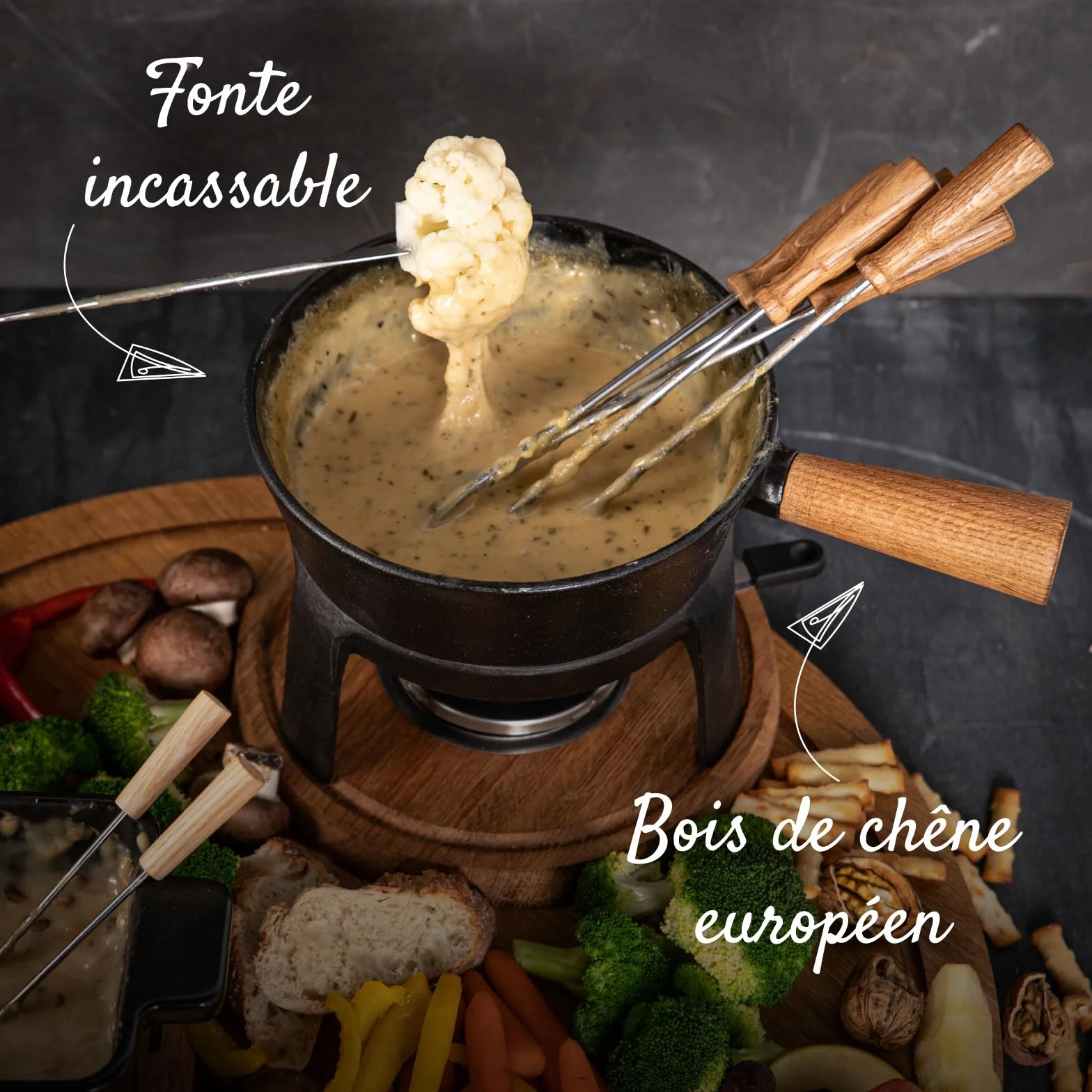BOSKA Juego de fondue Pro L - Juego de fondue de alta calidad - Juegos de fondue de queso - Olla de fondue de hierro fundido - Adecuado para cualquier estufa - Incluye 6 tenedores de fondue de madera