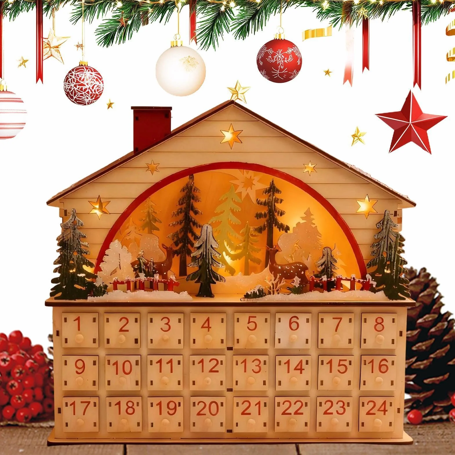 Cuenta Atrás Navidad 24 Días Casa De Madera Decorativa Para Mesa | Decoración Navideña Cuenta Regresiva Con Cajones para Apartamento Estantería Escritorio Salón Hogar