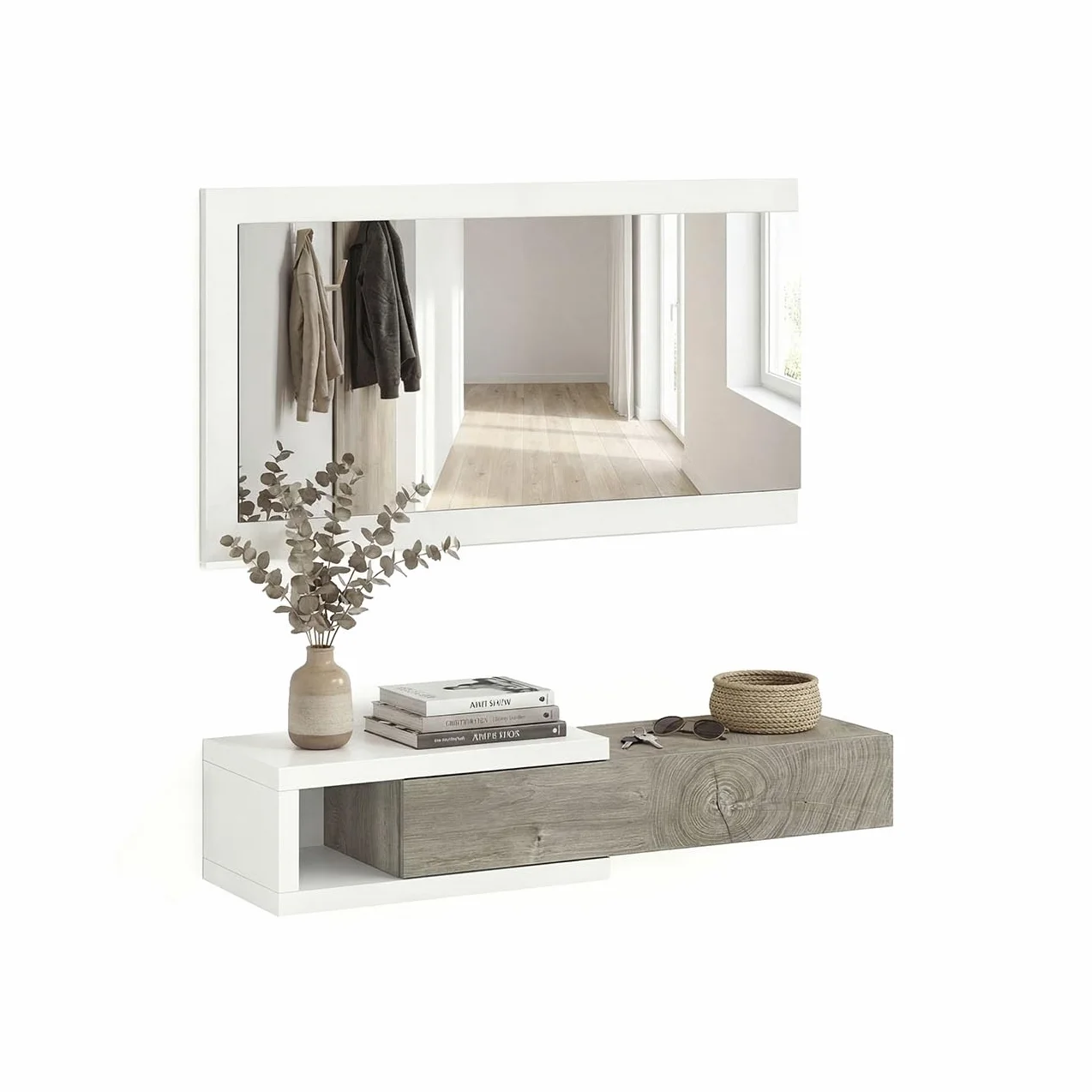 duehome | Recibidor con Cajon y Espejo, Mueble de Entrada, Modelo Derek, Acabado en Blanco Artik y Roble Alaska, Medidas: 95 cm (Ancho) x 19 cm (Alto) x 25,2 cm (Fondo)