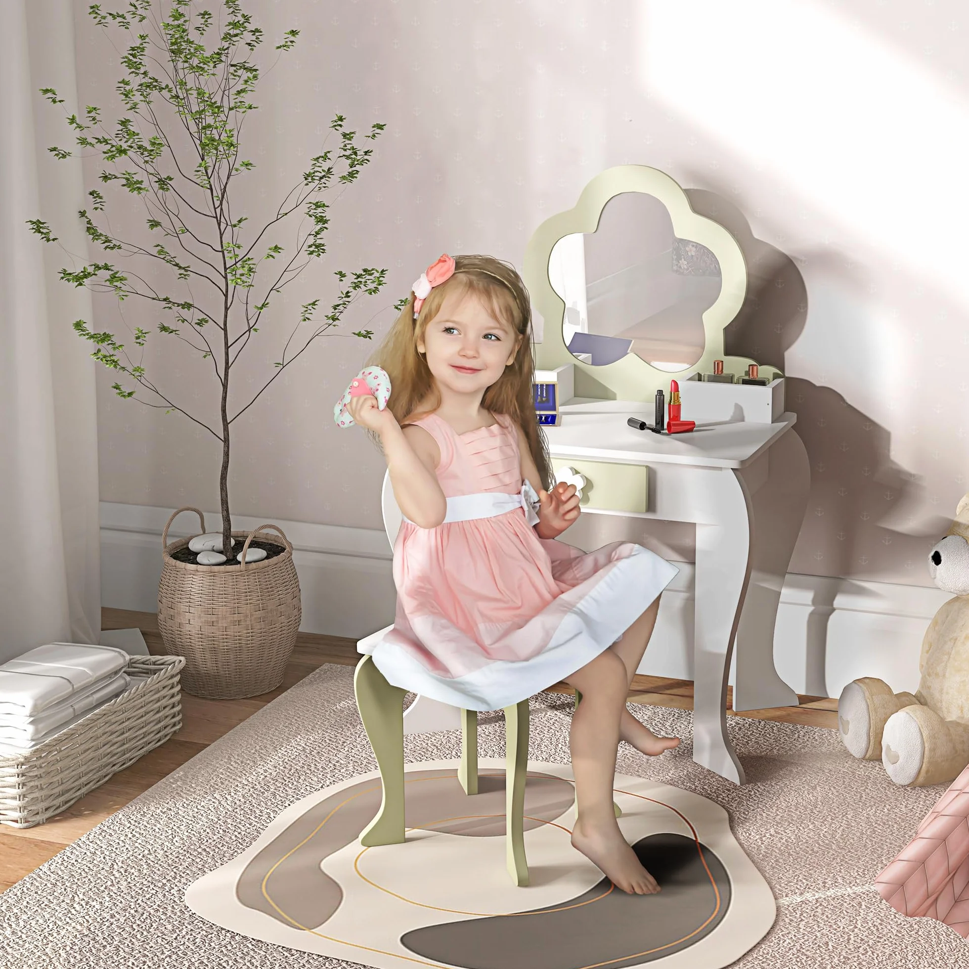 ZONEKIZ Tocador para Niñas con Espejo y Taburete Maquillaje 3-6 Años 2 Cajas 1 Cajón 55x34x87,5 cm Blanco Verde Pastel