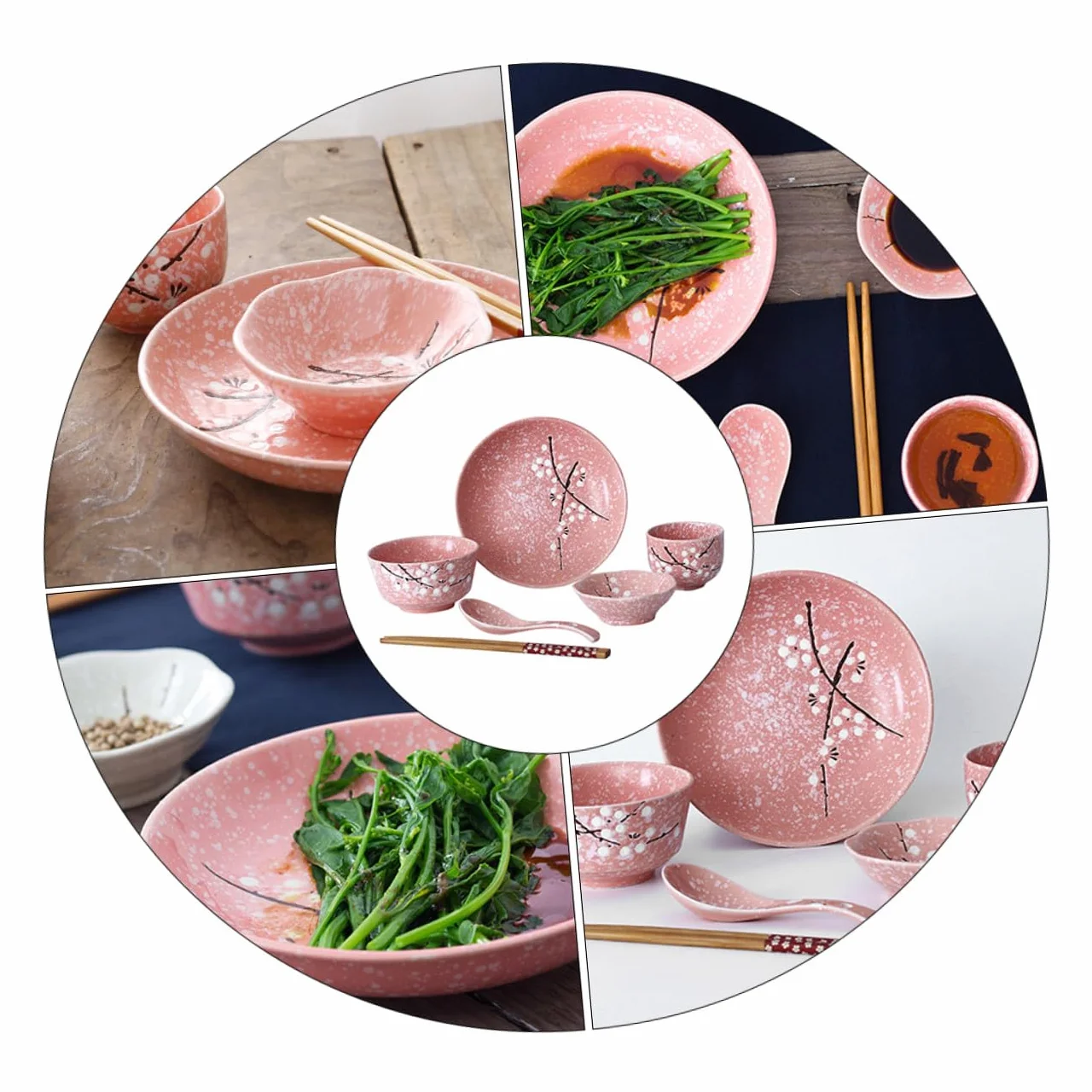 Vajilla Japonesa Rosa Elegante y Práctico para Servir Arroz Postres y Ensaladas Incluye Cuencos Platos Cucharas Palillos y Tazas para Uso Diario y Regalo de Inauguración de Casa
